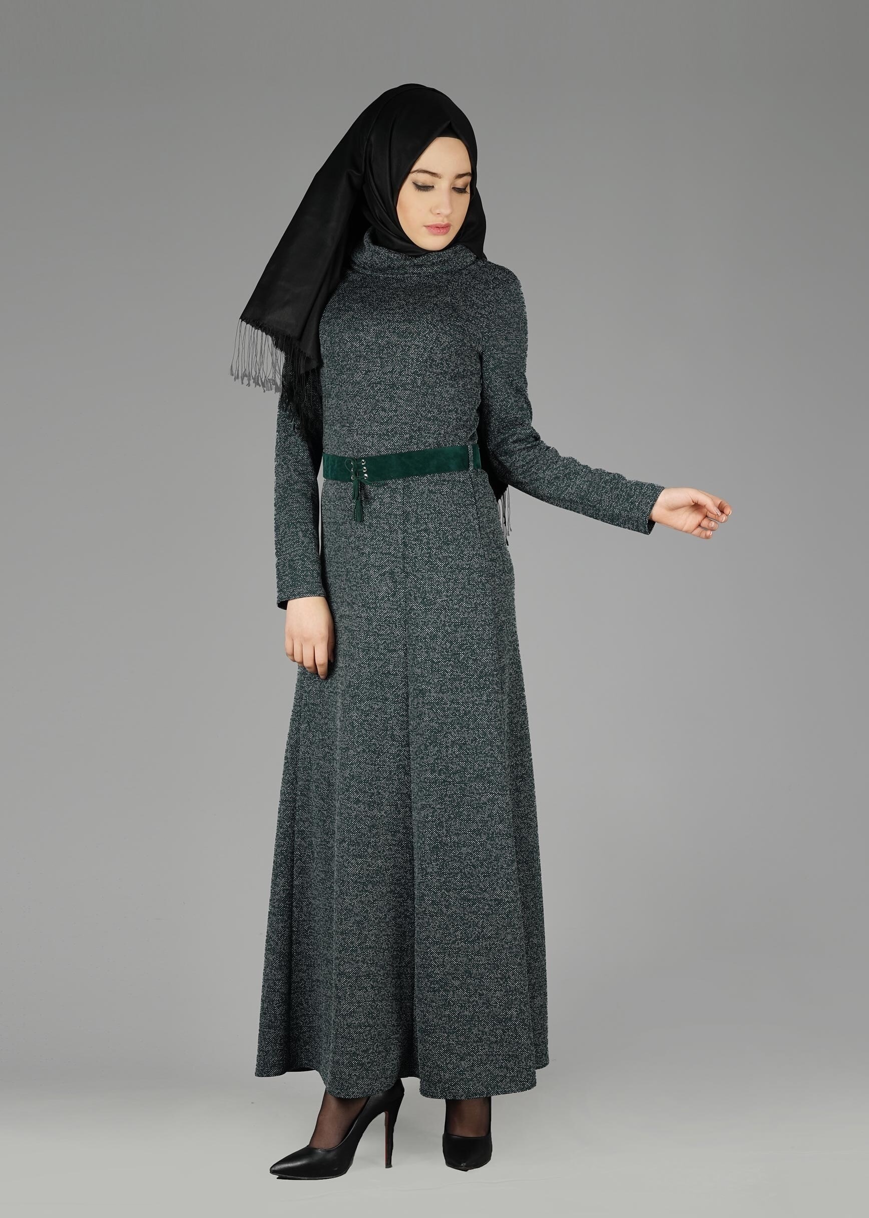 Tesettür giyim YEŞİL BALIKÇI YAKA ELBİSE 4987 