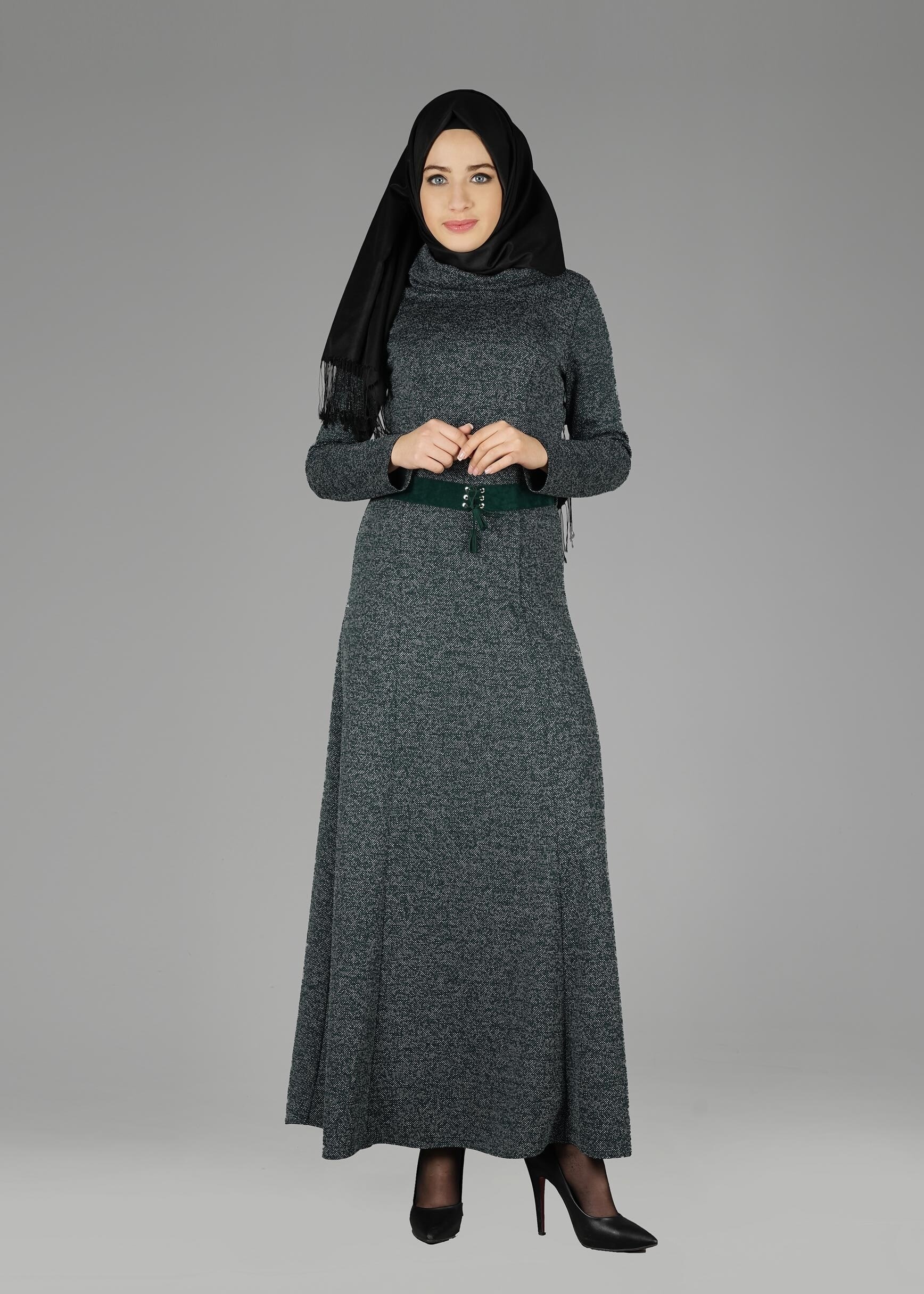 Tesettür giyim YEŞİL BALIKÇI YAKA ELBİSE 4987 