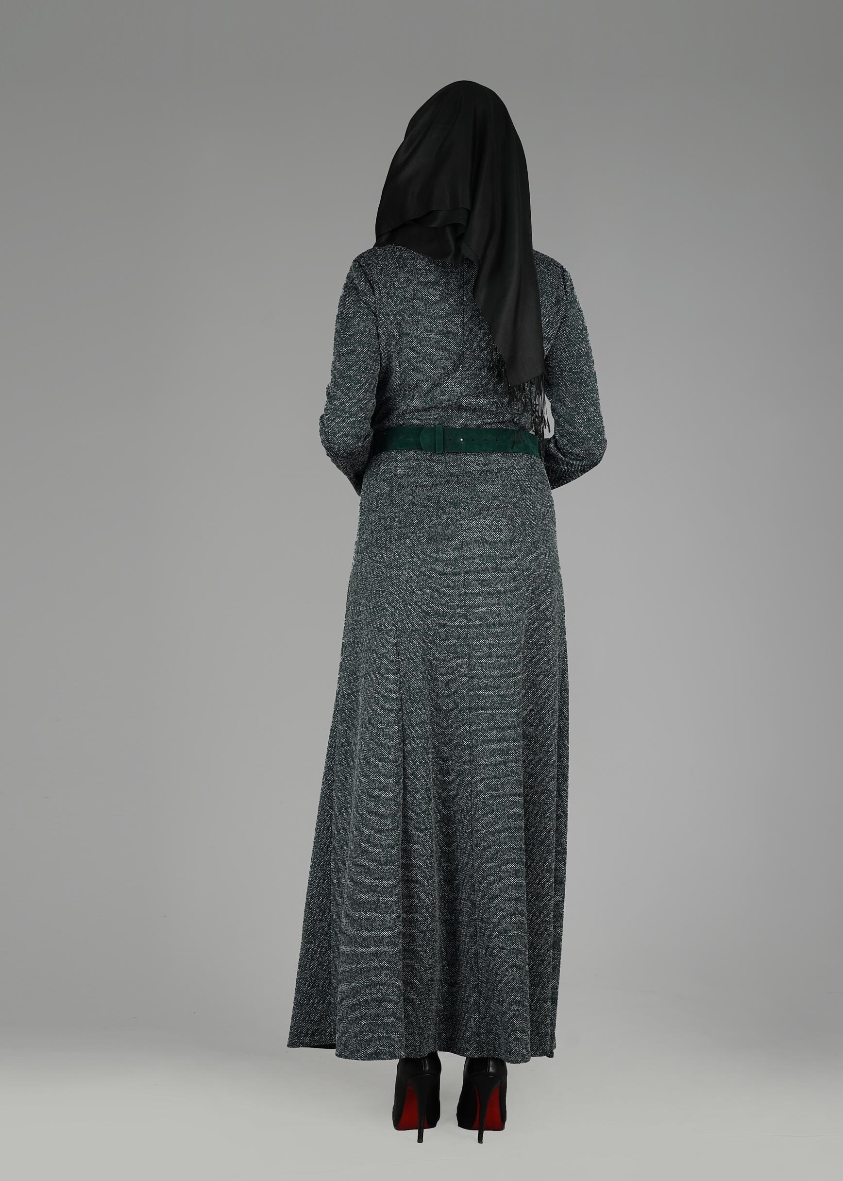 Tesettür giyim YEŞİL BALIKÇI YAKA ELBİSE 4987 