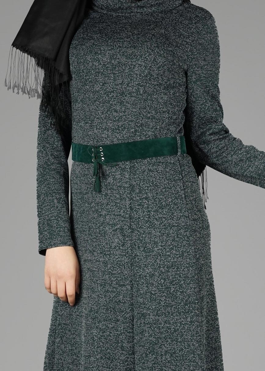 Tesettür giyim YEŞİL BALIKÇI YAKA ELBİSE 4987 