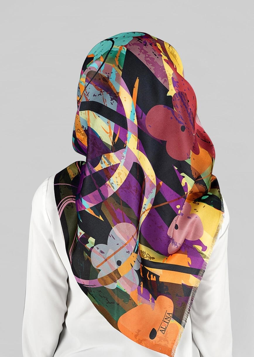 Tesettür giyim SİYAH 9812 ALVİNA DİJİTAL TAFTA ESARP