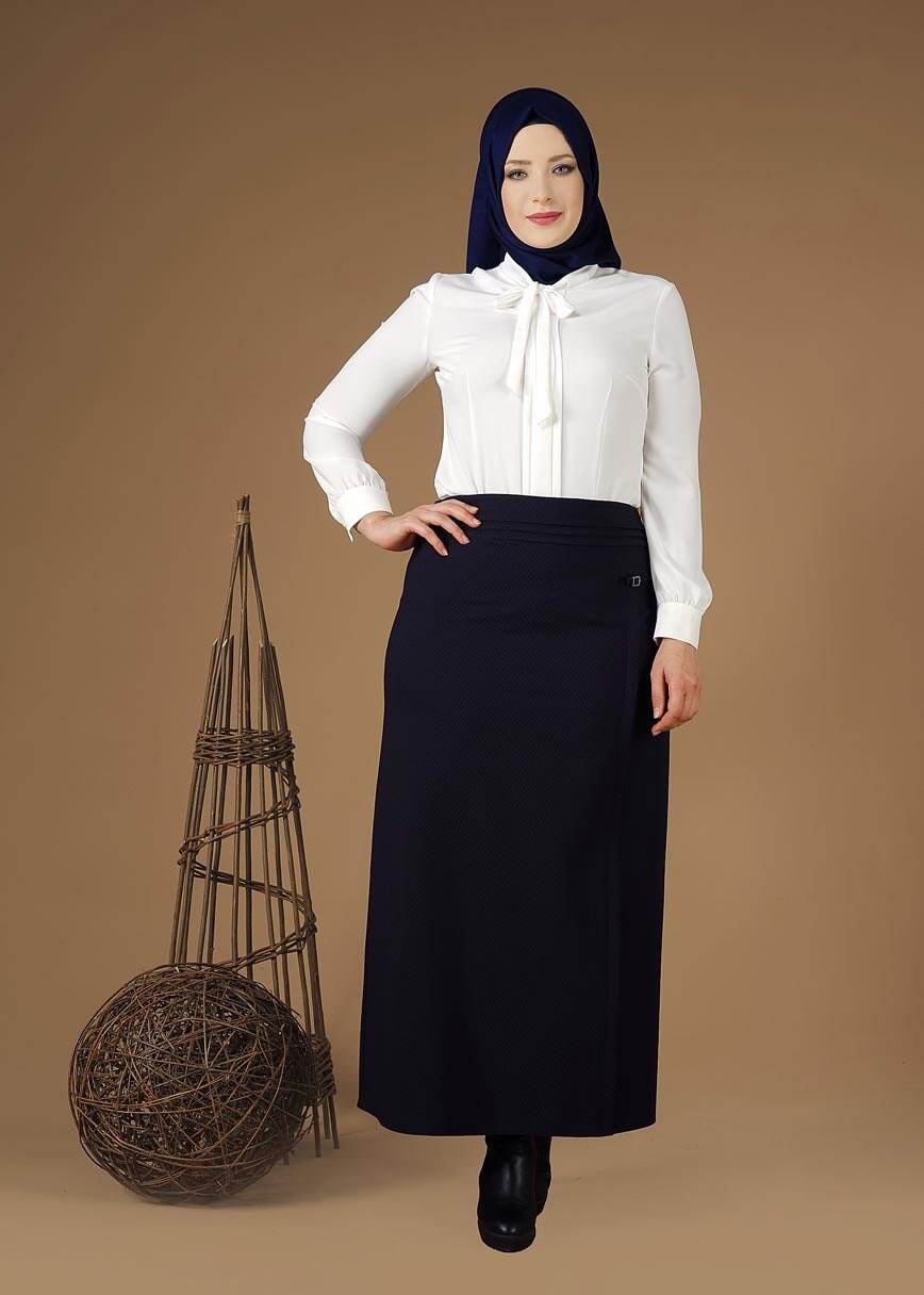 Tesettür giyim LACİVERT AKSESUARLI KLASİK ETEK 6898