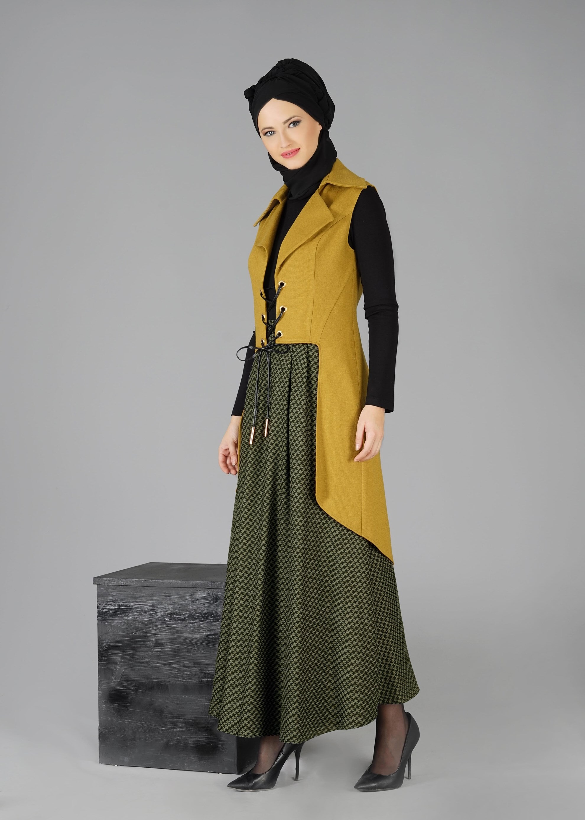 Tesettür giyim YEŞİL KAZAYAĞI DESENLİ CEPLİ ETEK 6924