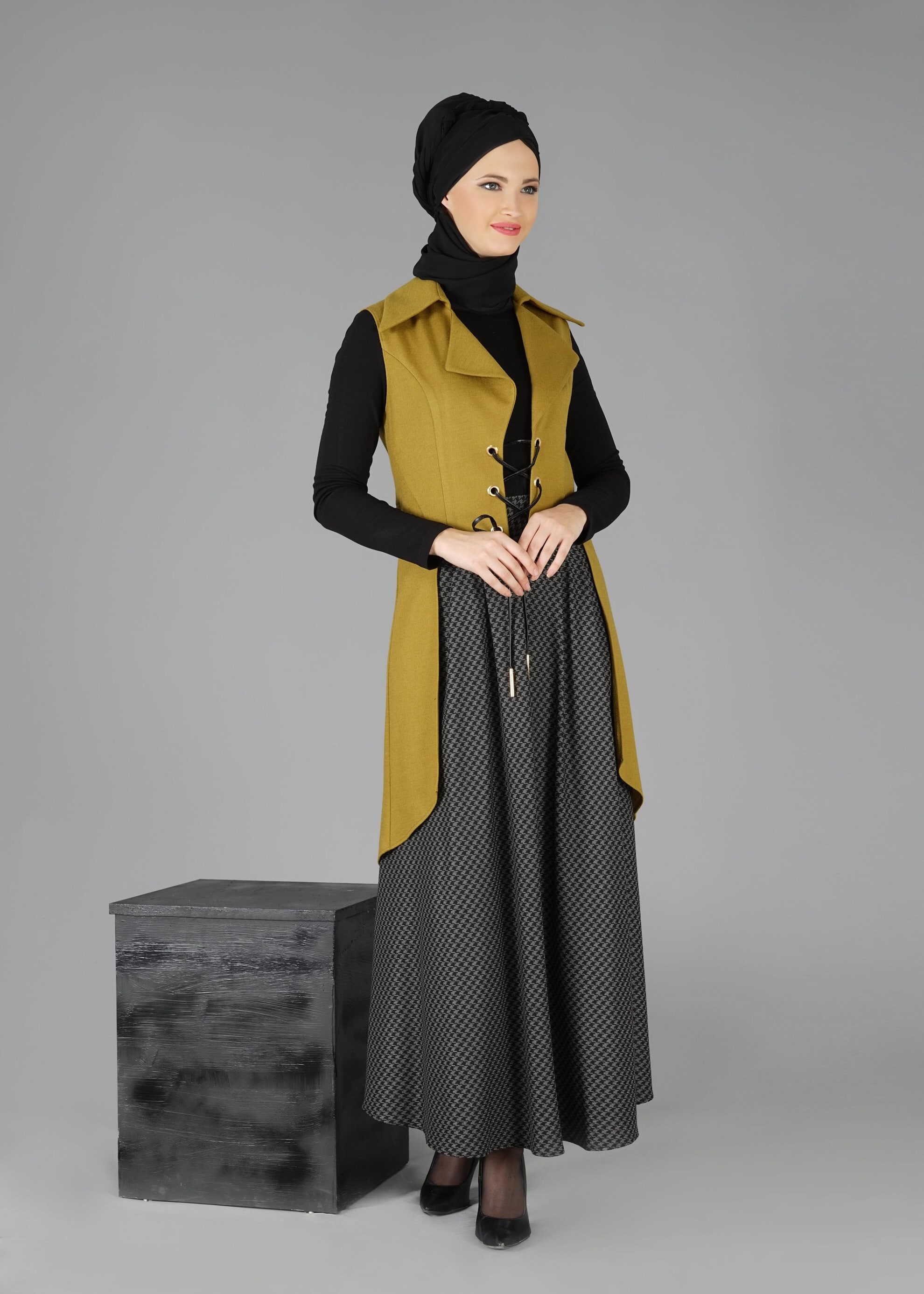 Tesettür giyim SİYAH KAZAYAĞI DESENLİ CEPLİ ETEK 6924