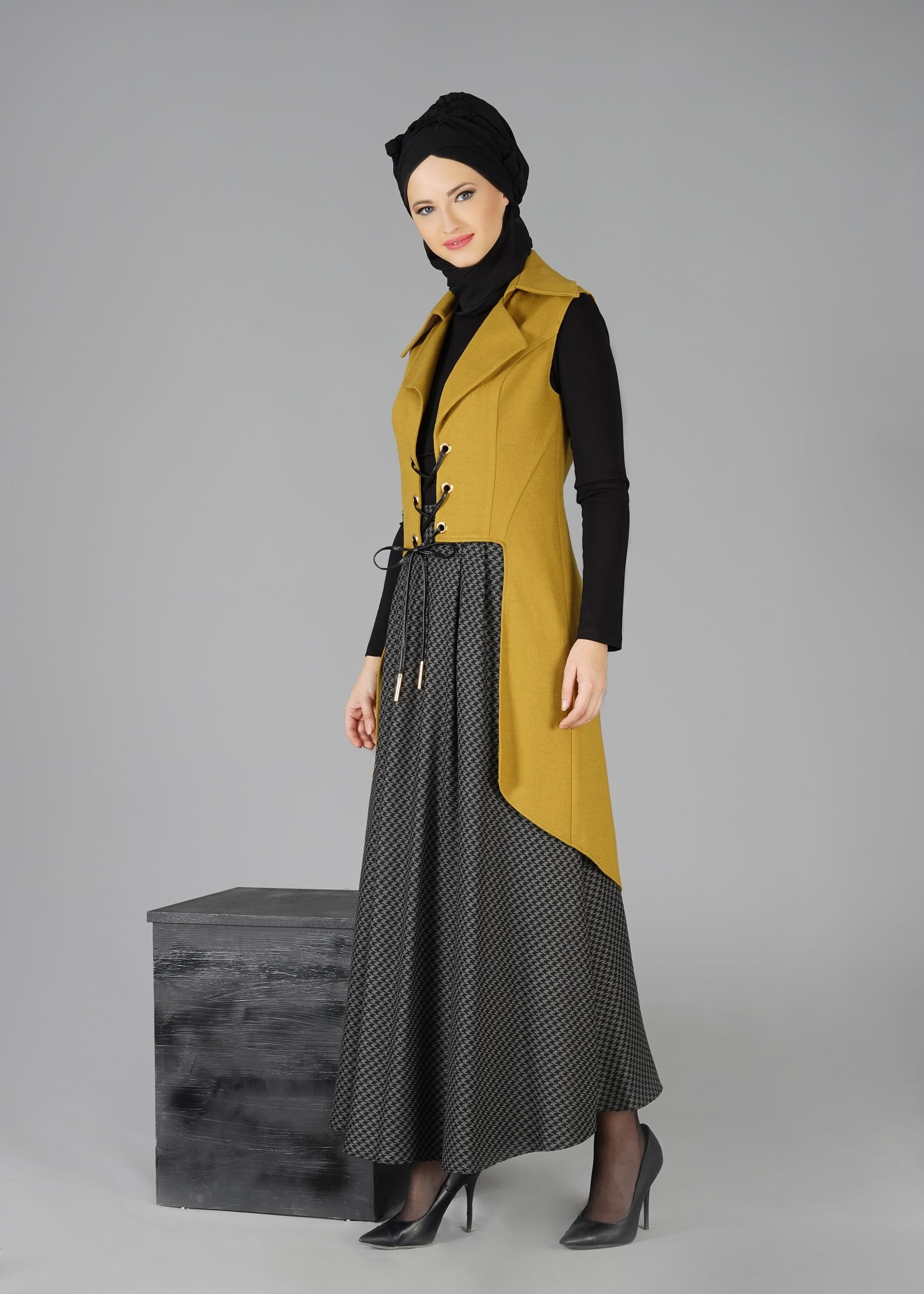 Tesettür giyim SİYAH KAZAYAĞI DESENLİ CEPLİ ETEK 6924