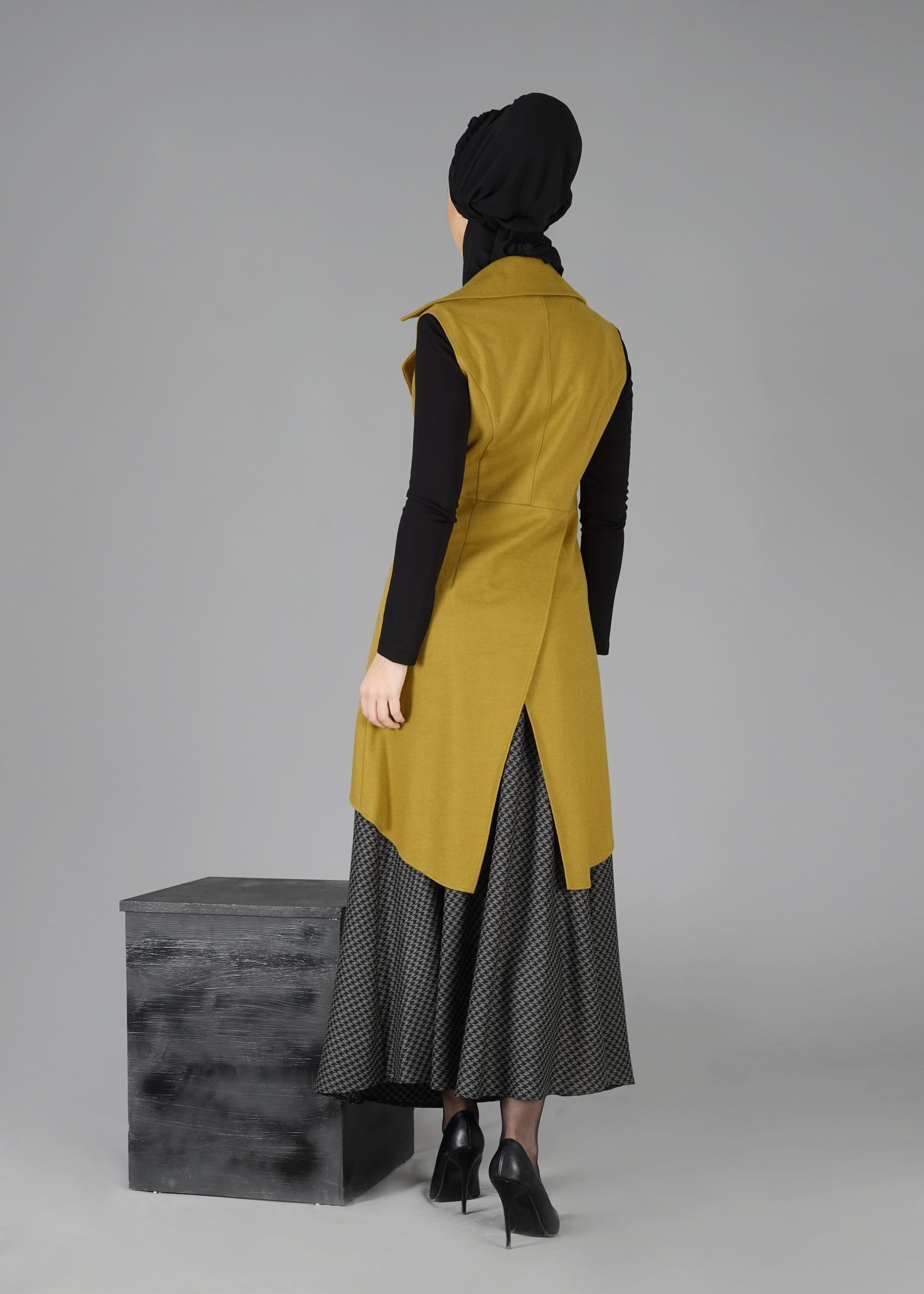 Tesettür giyim SİYAH KAZAYAĞI DESENLİ CEPLİ ETEK 6924