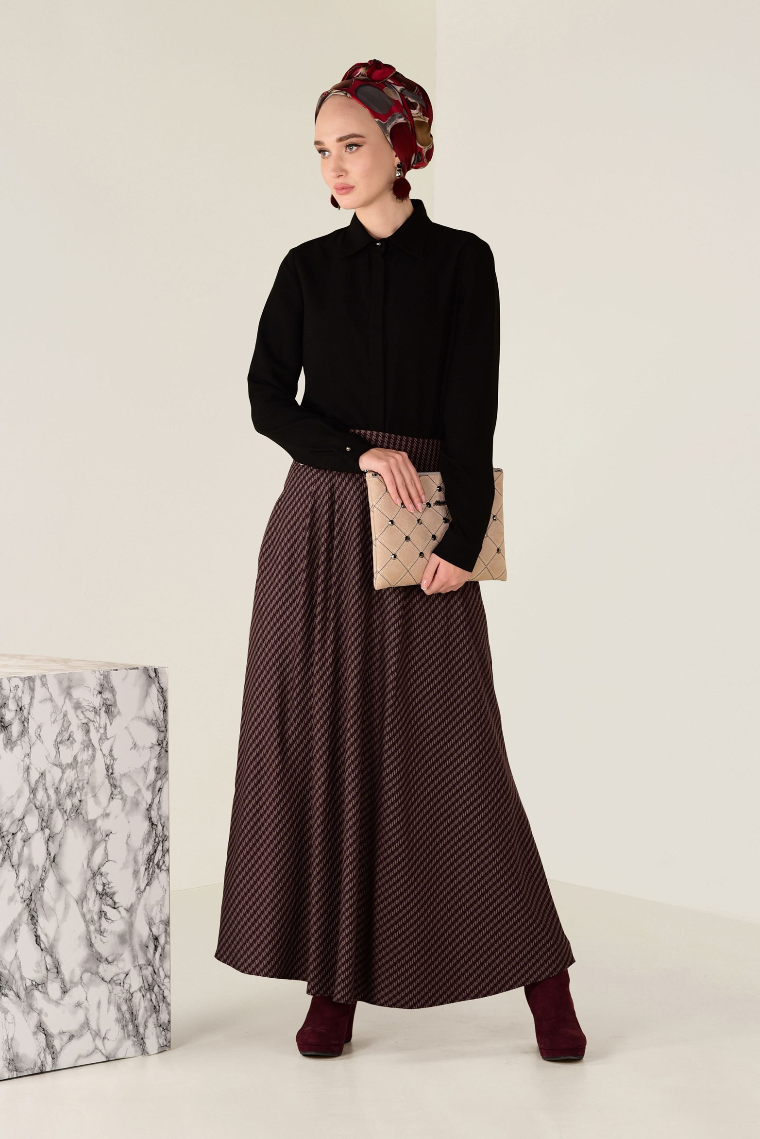 Tesettür giyim MÜRDÜM KAZAYAĞI DESENLİ CEPLİ ETEK 6924