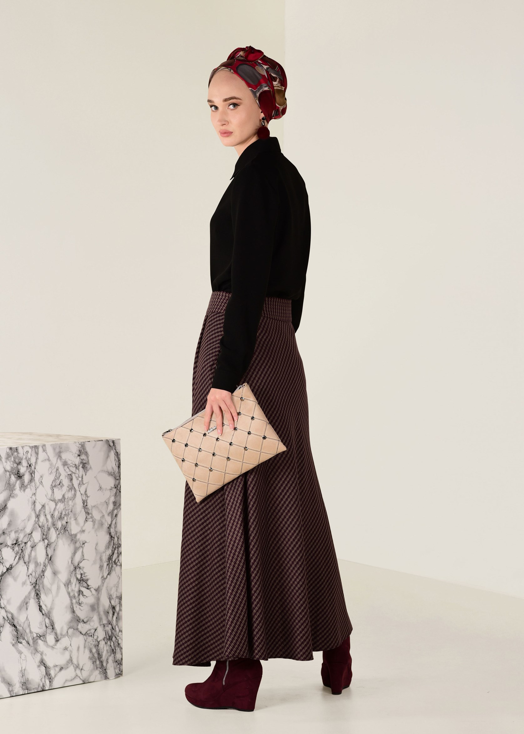 Tesettür giyim MÜRDÜM KAZAYAĞI DESENLİ CEPLİ ETEK 6924