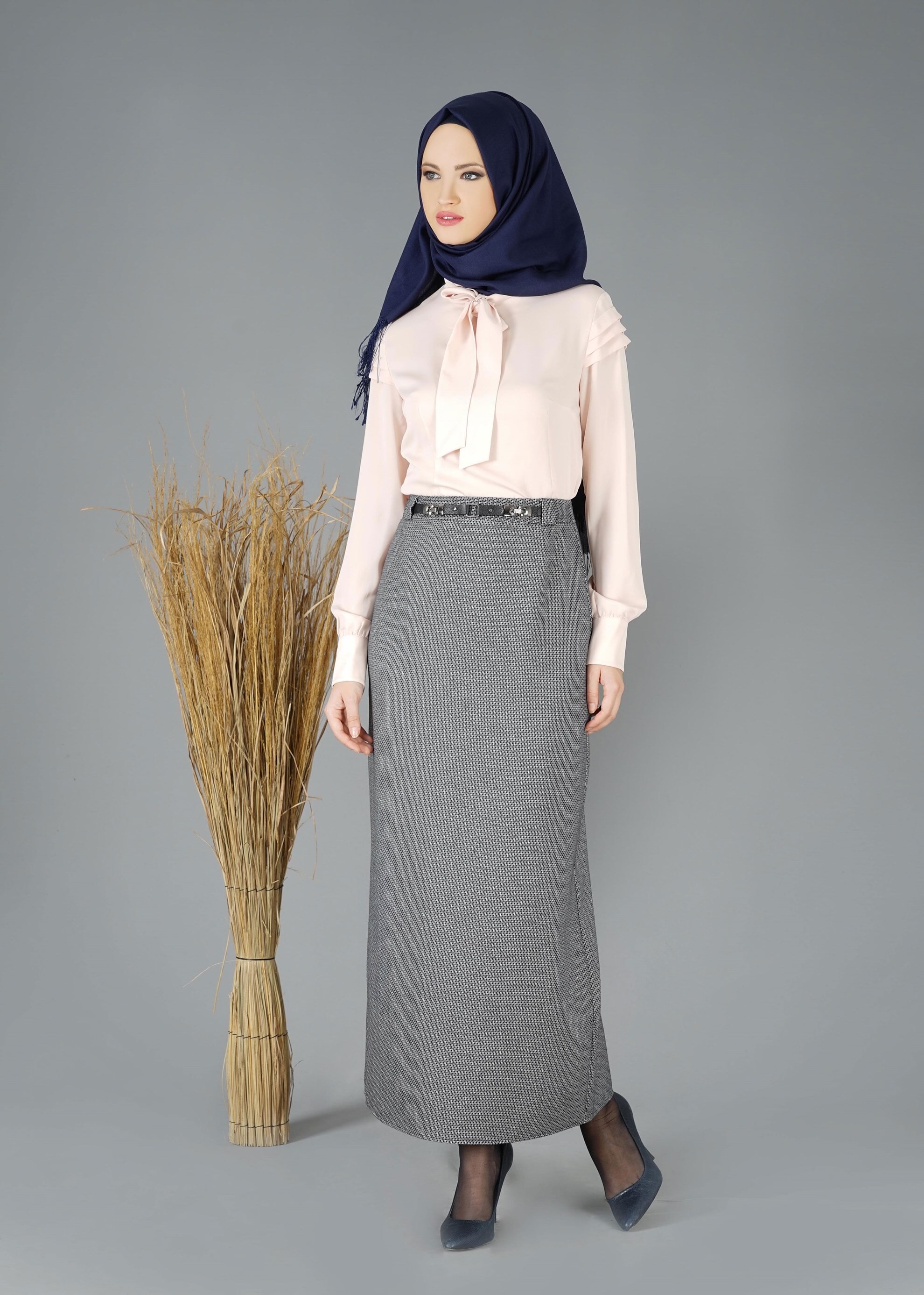 Tesettür giyim LACİVERT KEMER DETAYLI KLASİK ETEK 6927