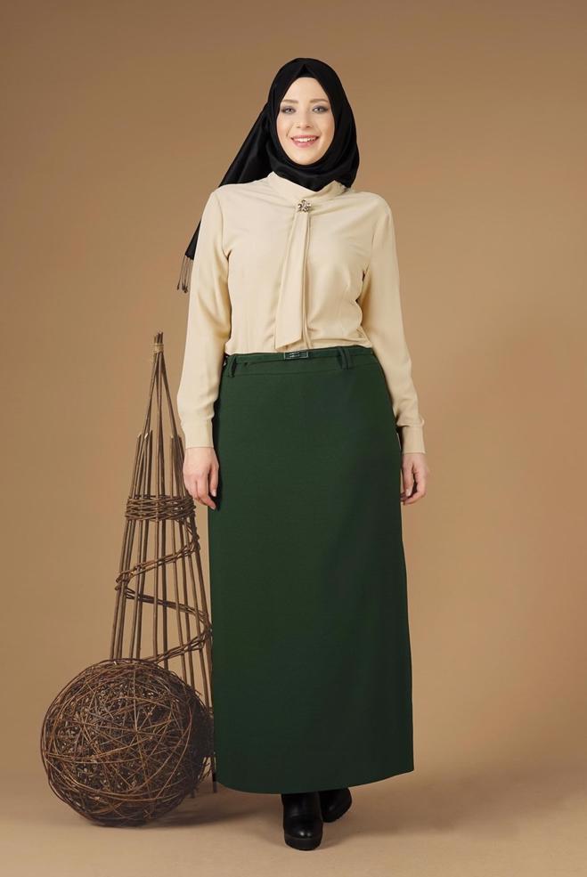 Tesettür giyim HAKİ GİZLİ YIRTMAÇLI KLASİK ETEK 6930 - ALVİNA