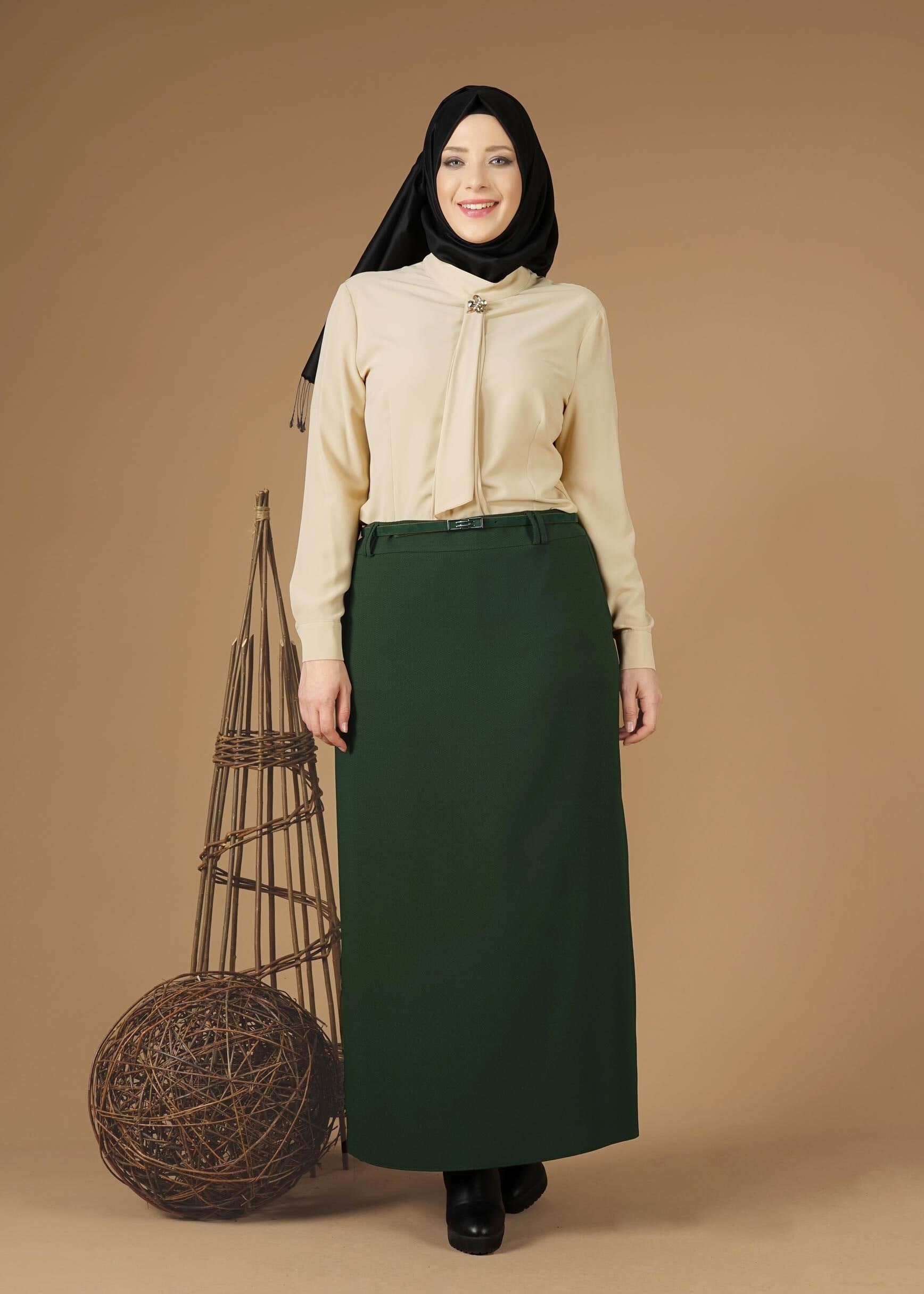 Tesettür giyim HAKİ GİZLİ YIRTMAÇLI KLASİK ETEK 6930