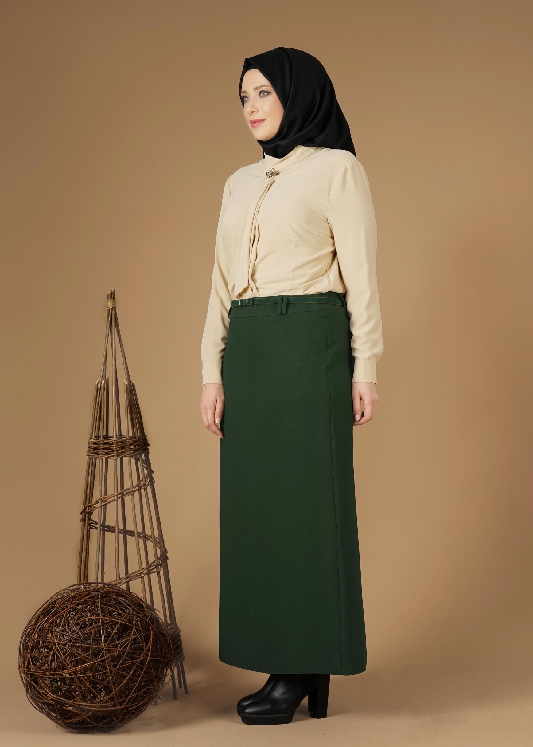 Tesettür giyim HAKİ GİZLİ YIRTMAÇLI KLASİK ETEK 6930