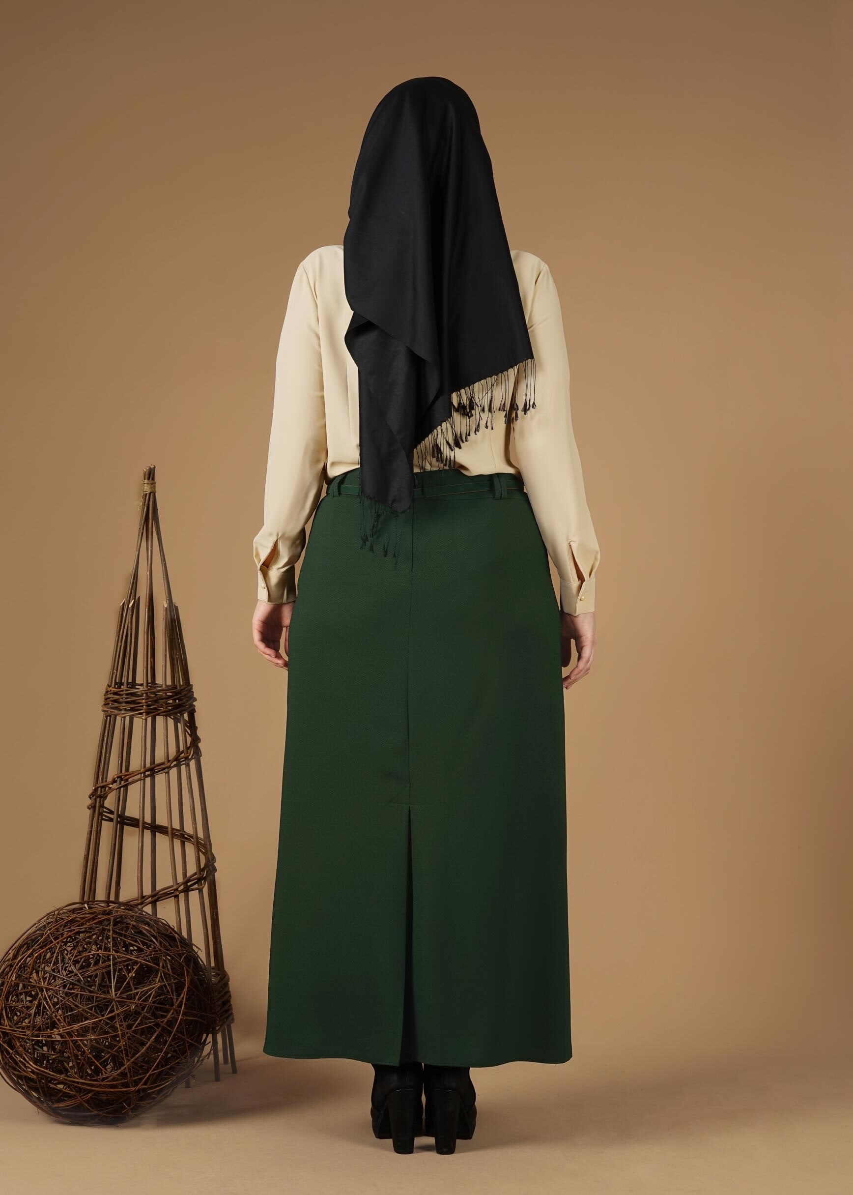 Tesettür giyim HAKİ GİZLİ YIRTMAÇLI KLASİK ETEK 6930