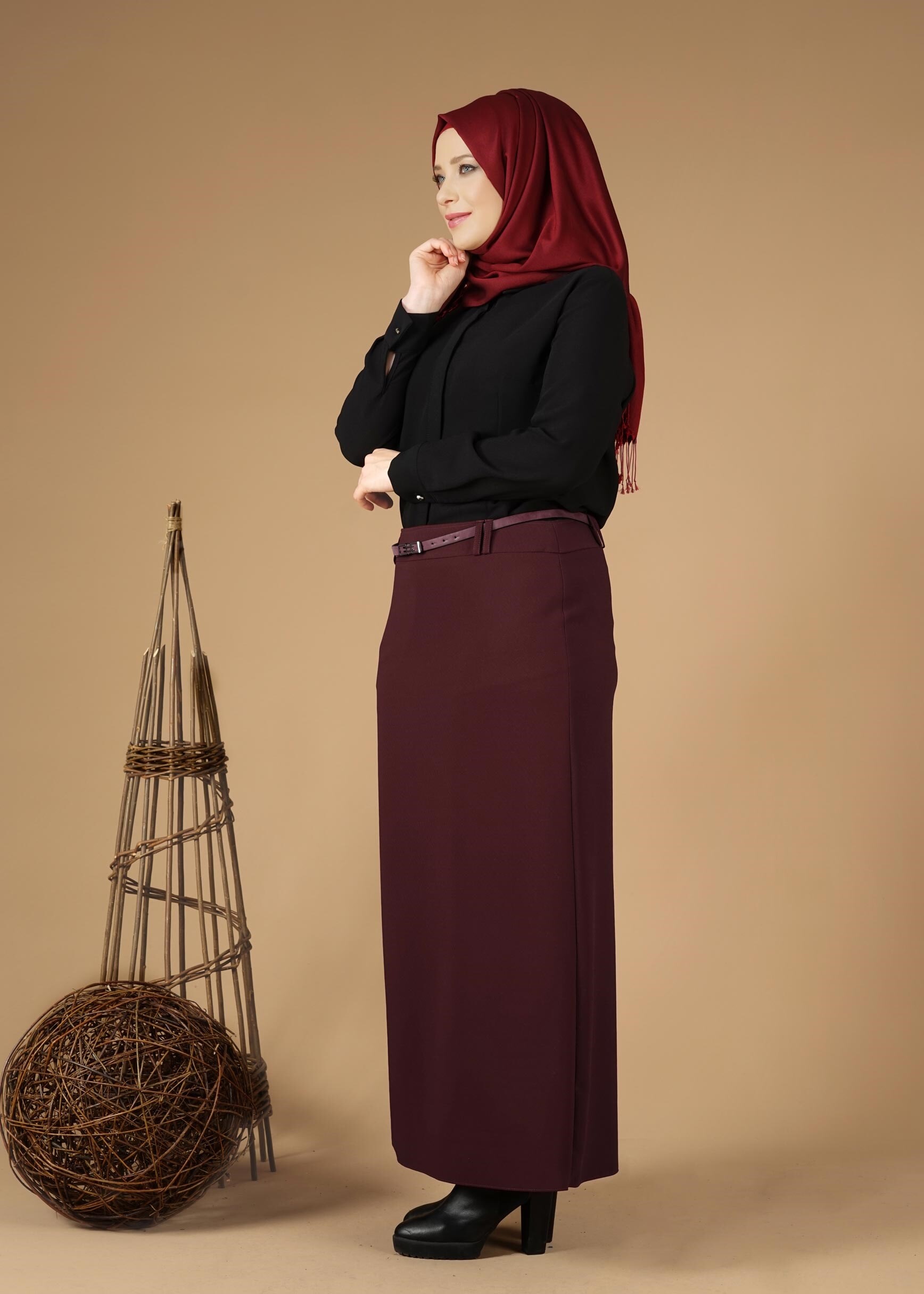 Tesettür giyim MÜRDÜM GİZLİ YIRTMAÇLI KLASİK ETEK 6930