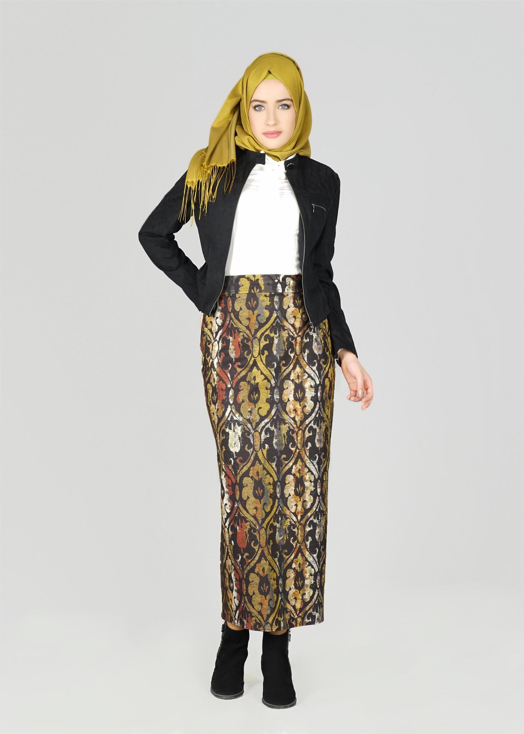 Tesettür giyim SARI ETNİK DESENLİ ETEK 6932
