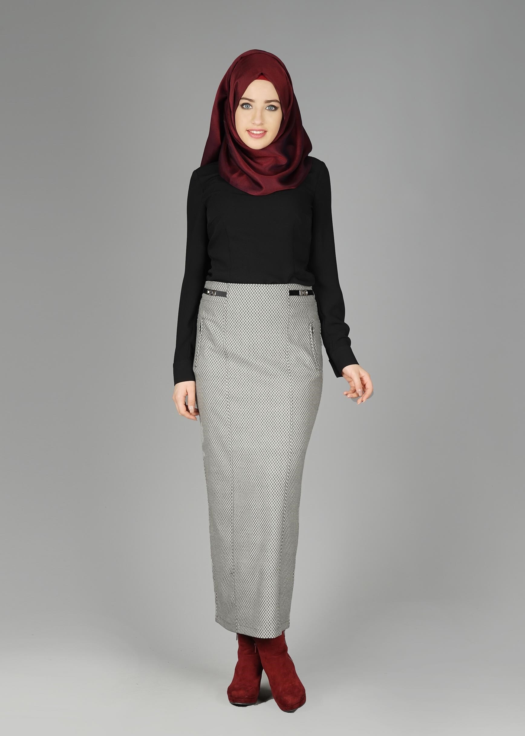 Tesettür giyim SİYAH CEP DETAYLI DESENLİ ETEK 6935