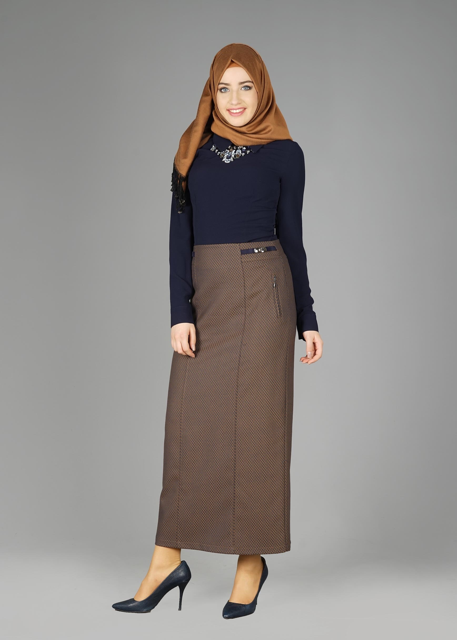 Tesettür giyim KAHVE CEP DETAYLI DESENLİ ETEK 6935