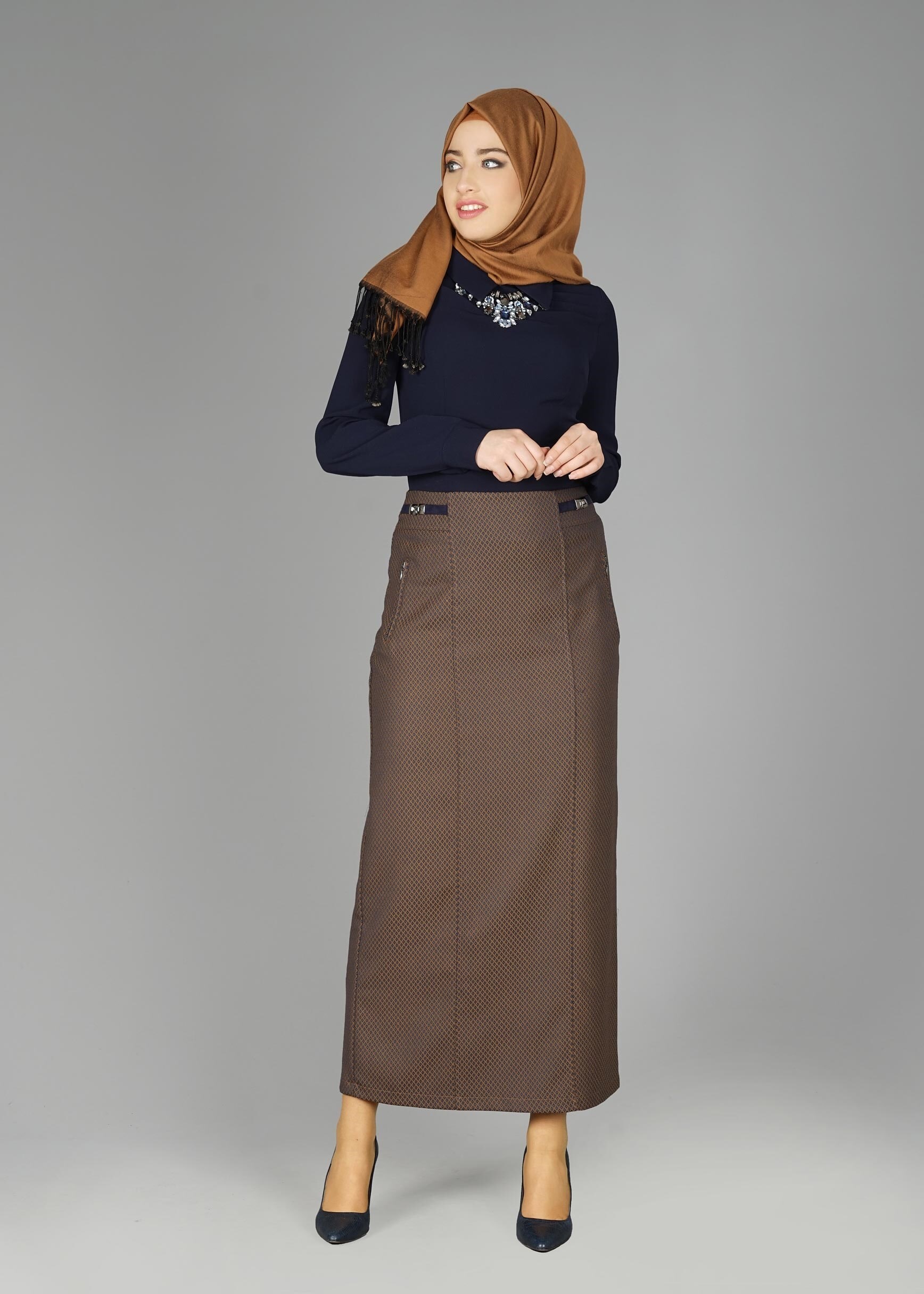 Tesettür giyim KAHVE CEP DETAYLI DESENLİ ETEK 6935