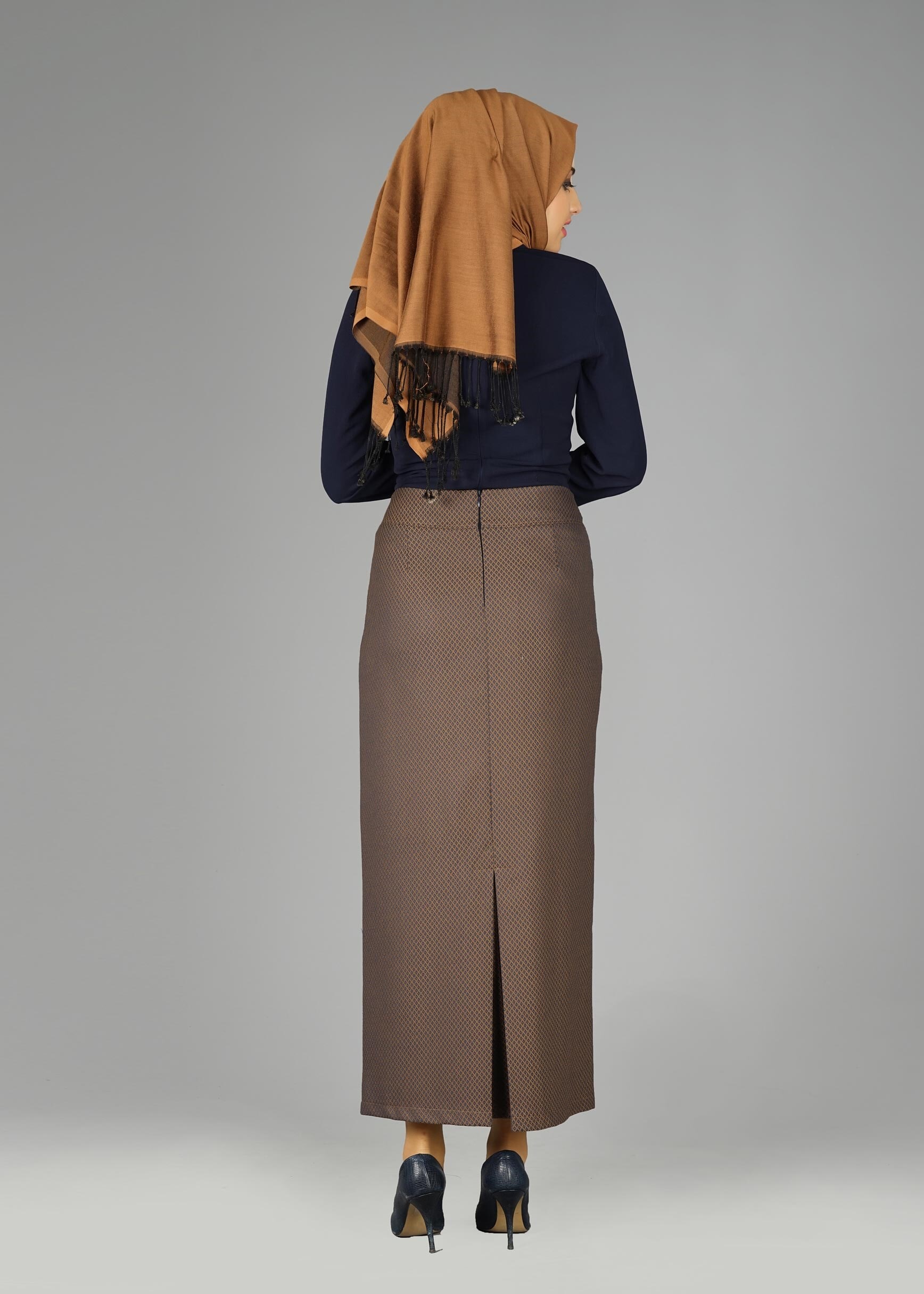 Tesettür giyim KAHVE CEP DETAYLI DESENLİ ETEK 6935