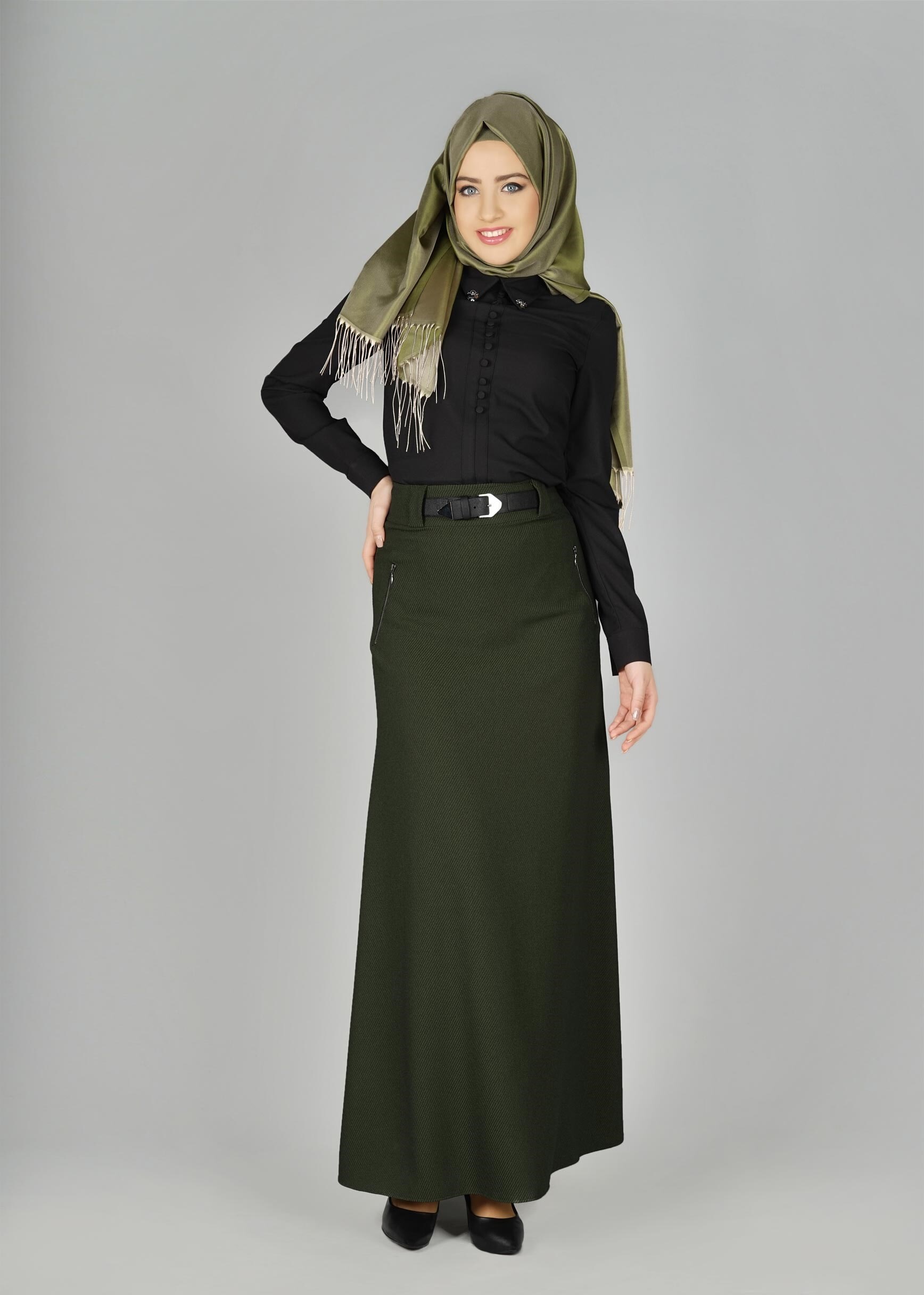 Tesettür giyim HAKİ BEL AKSESUARLI ETEK 6940