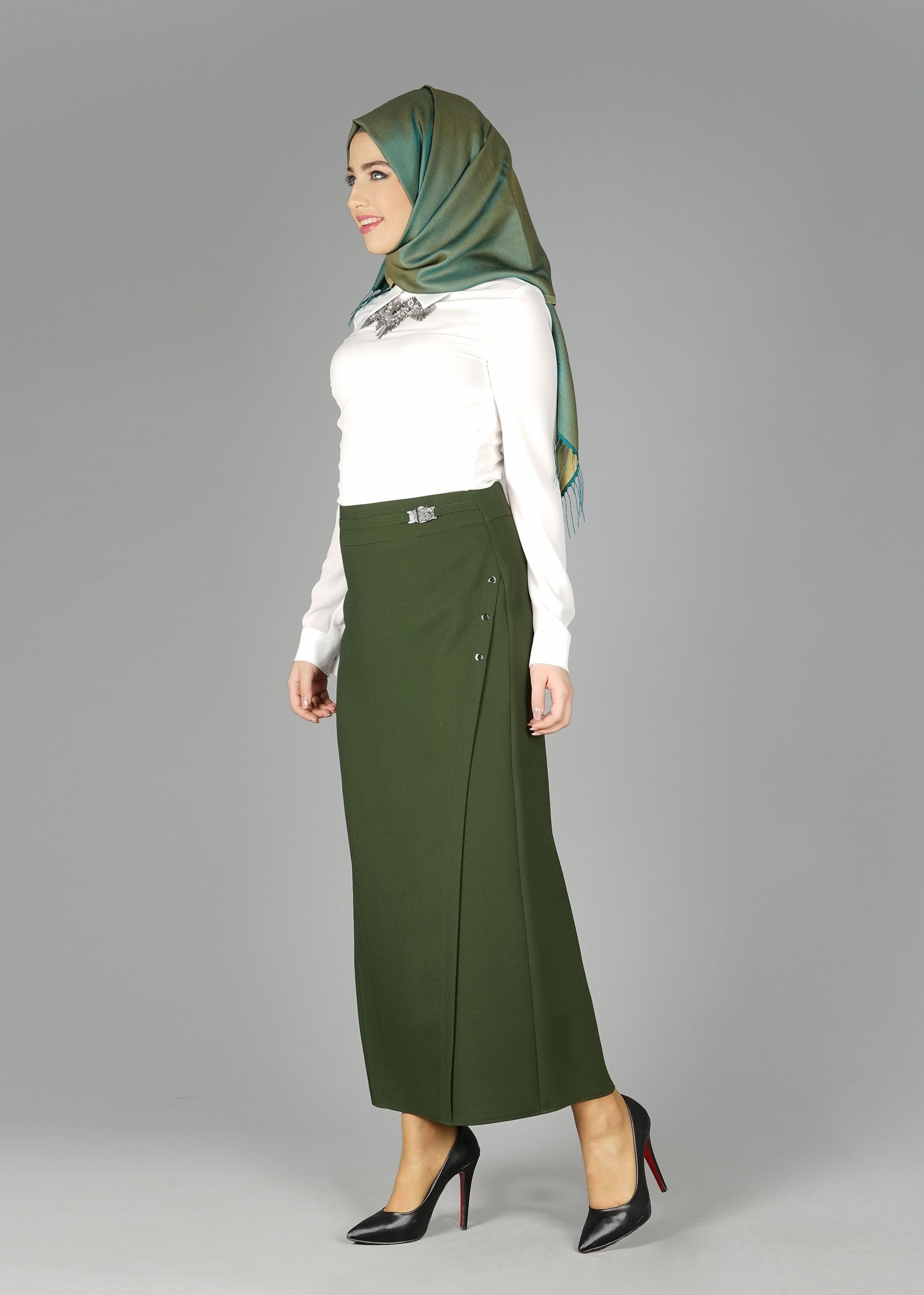 Tesettür giyim HAKİ KUŞGÖZÜ DETAYLI ETEK 6941