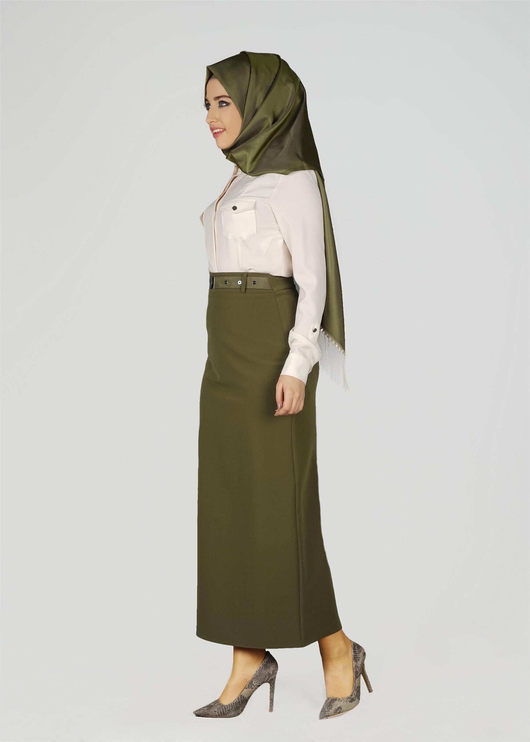 Tesettür giyim HAKİ GİZLİ YIRTMAÇLI KLASİK ETEK 6942