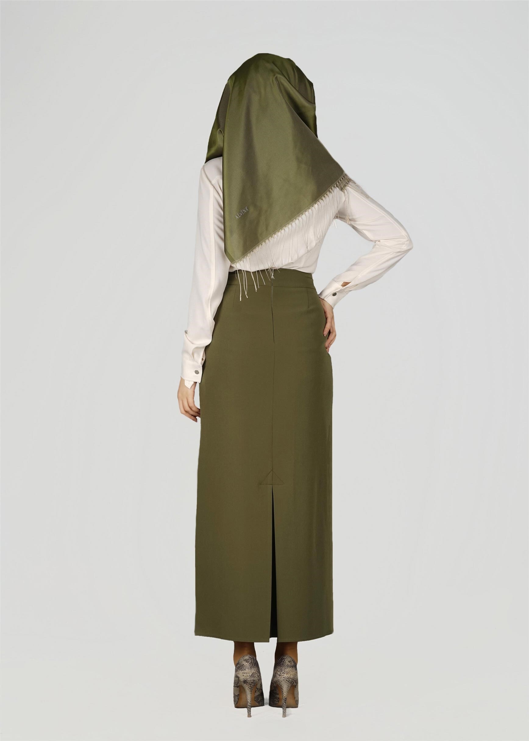 Tesettür giyim HAKİ GİZLİ YIRTMAÇLI KLASİK ETEK 6942