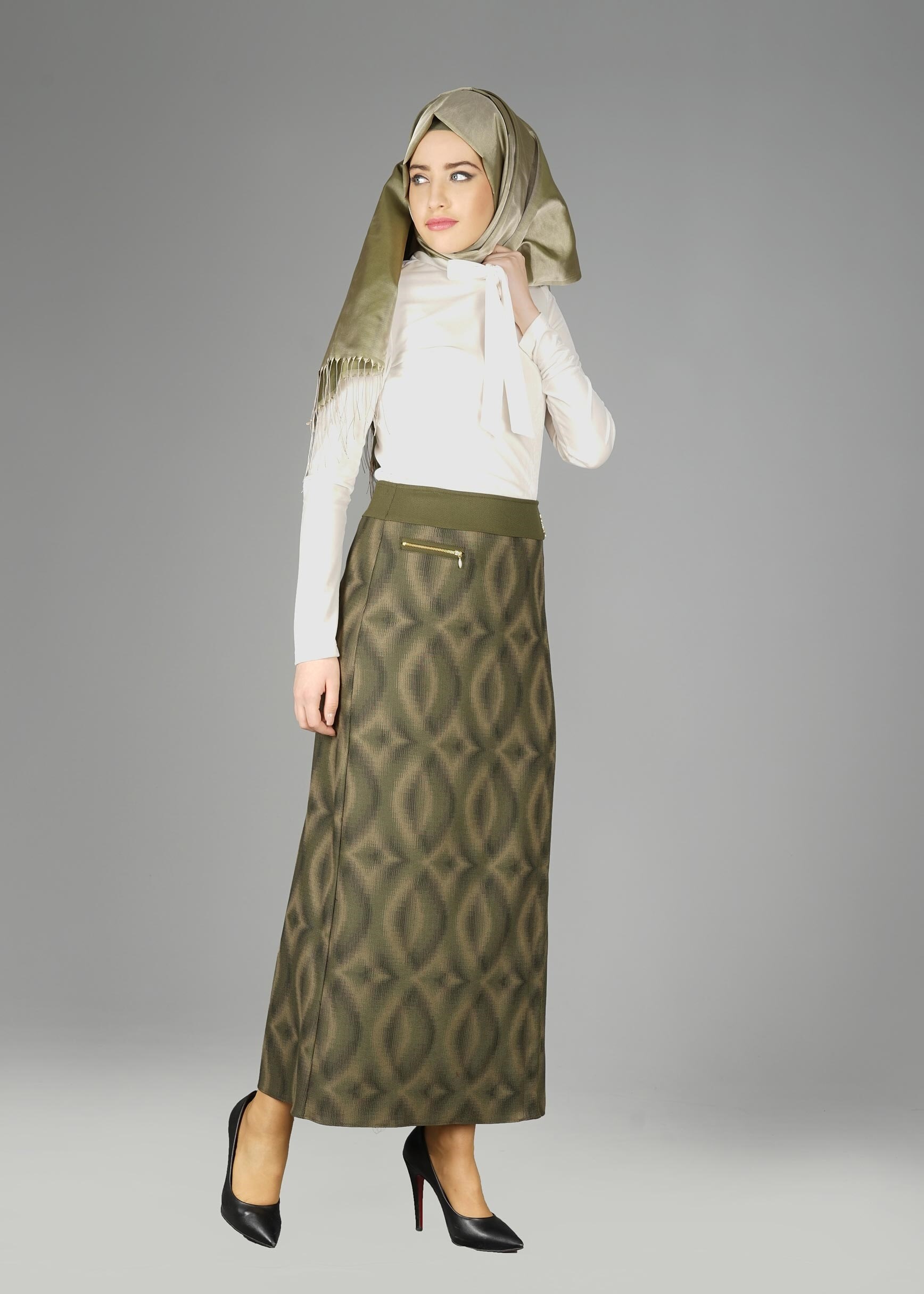 Tesettür giyim HAKİ 6945 ETEK