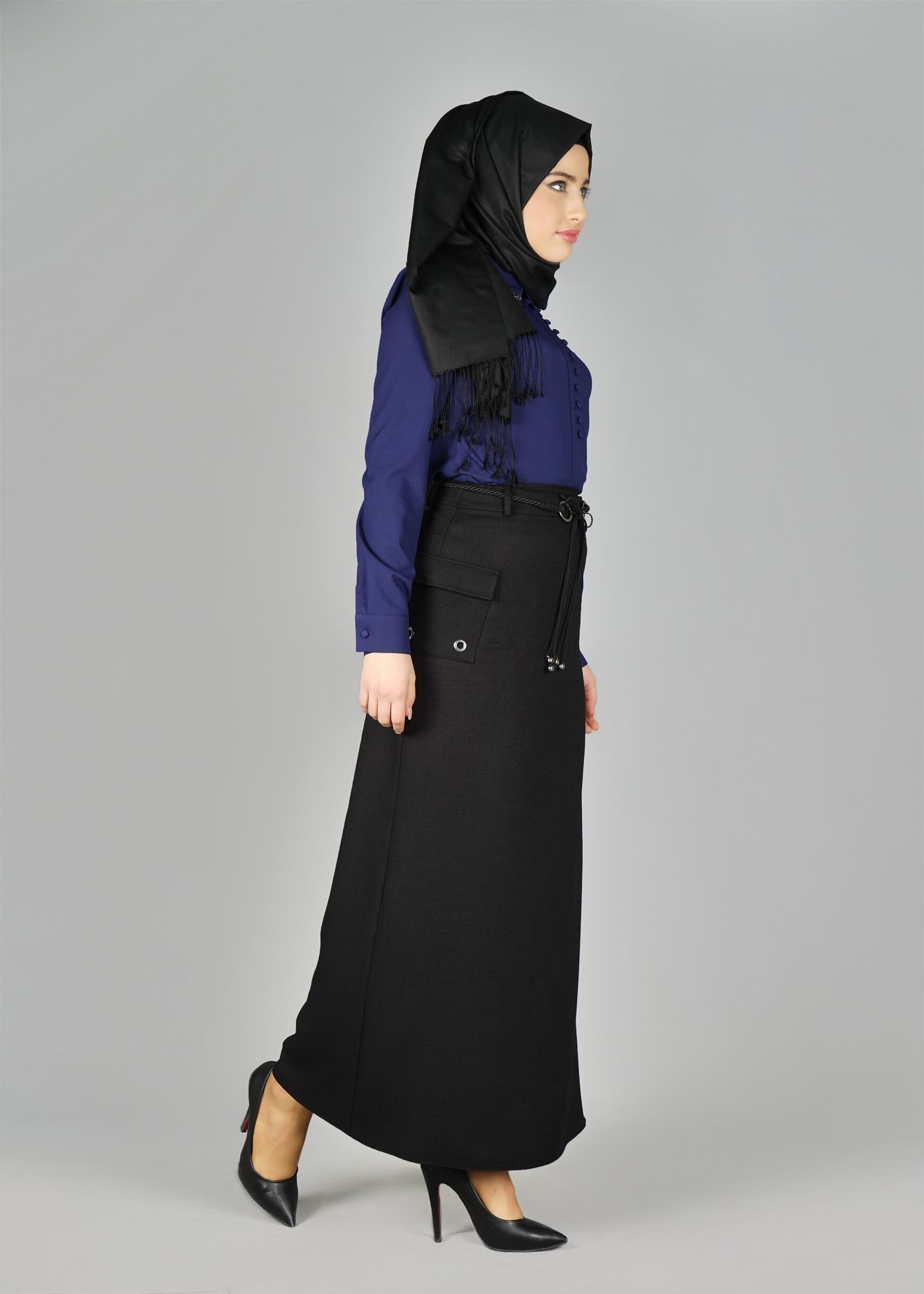 Tesettür giyim SİYAH KUŞGÖZÜ DETAYLI CEPLİ ETEK 6951 