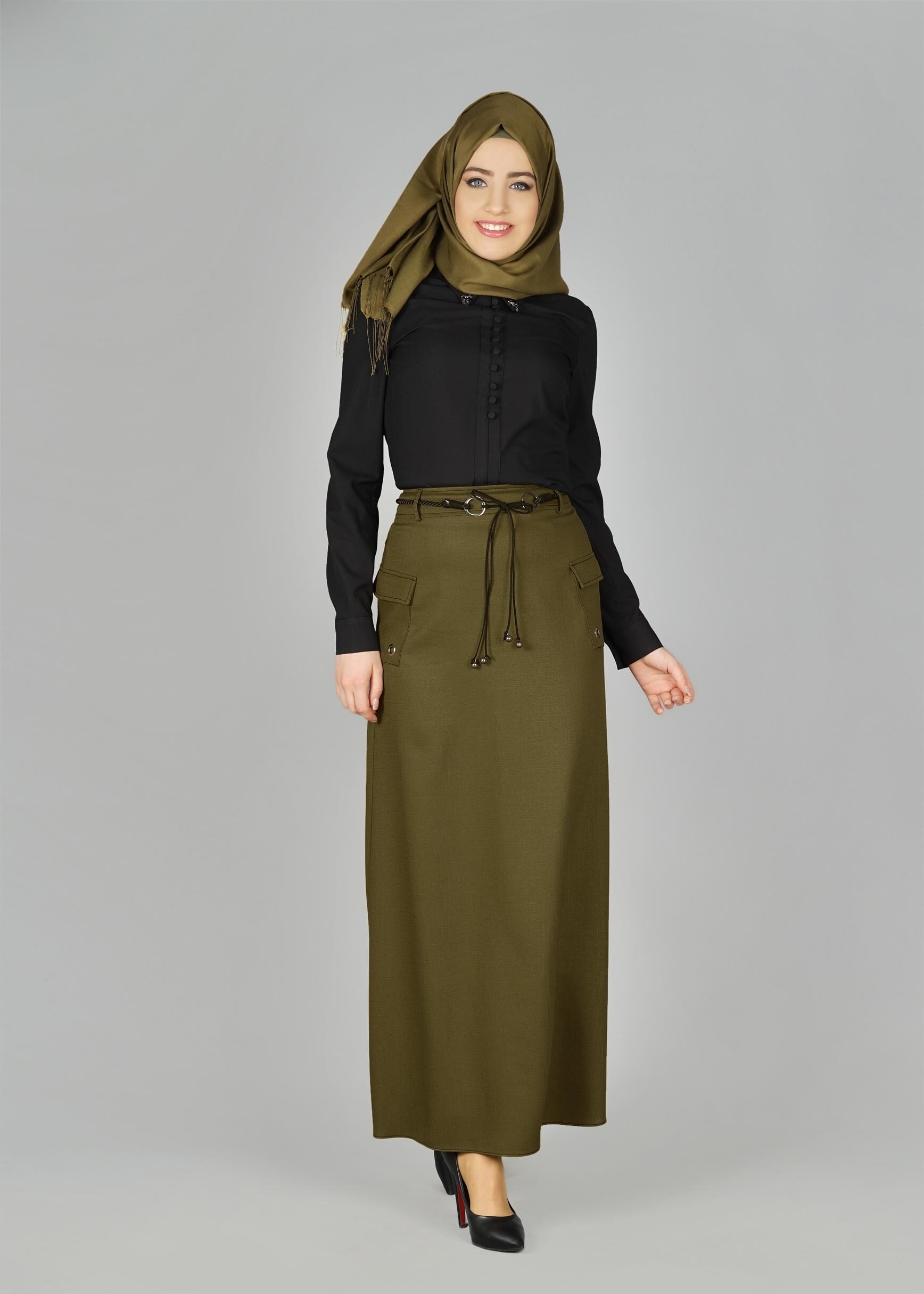 Tesettür giyim YEŞİL KUŞGÖZÜ DETAYLI CEPLİ ETEK 6951 