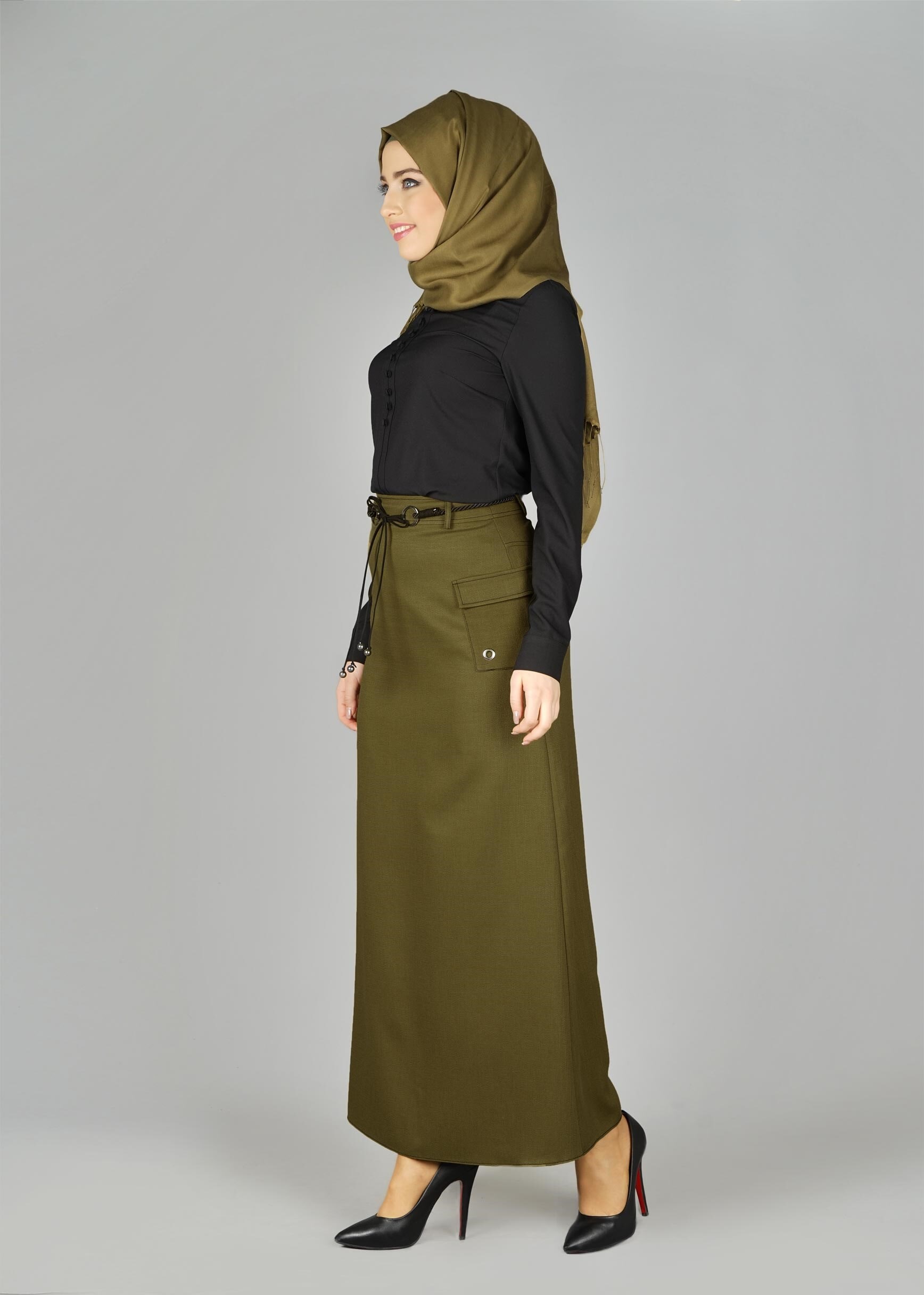Tesettür giyim YEŞİL KUŞGÖZÜ DETAYLI CEPLİ ETEK 6951 