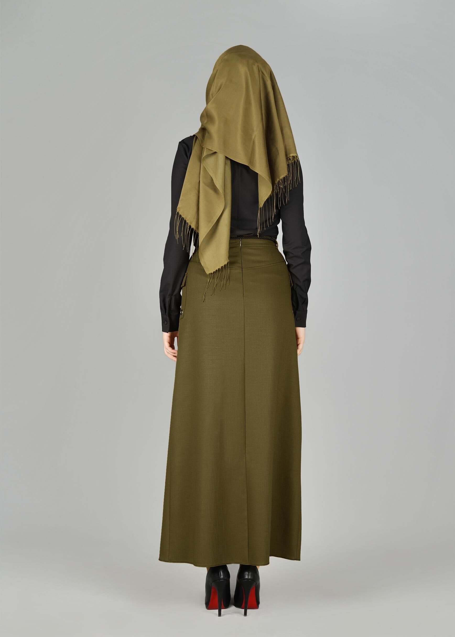 Tesettür giyim YEŞİL KUŞGÖZÜ DETAYLI CEPLİ ETEK 6951 