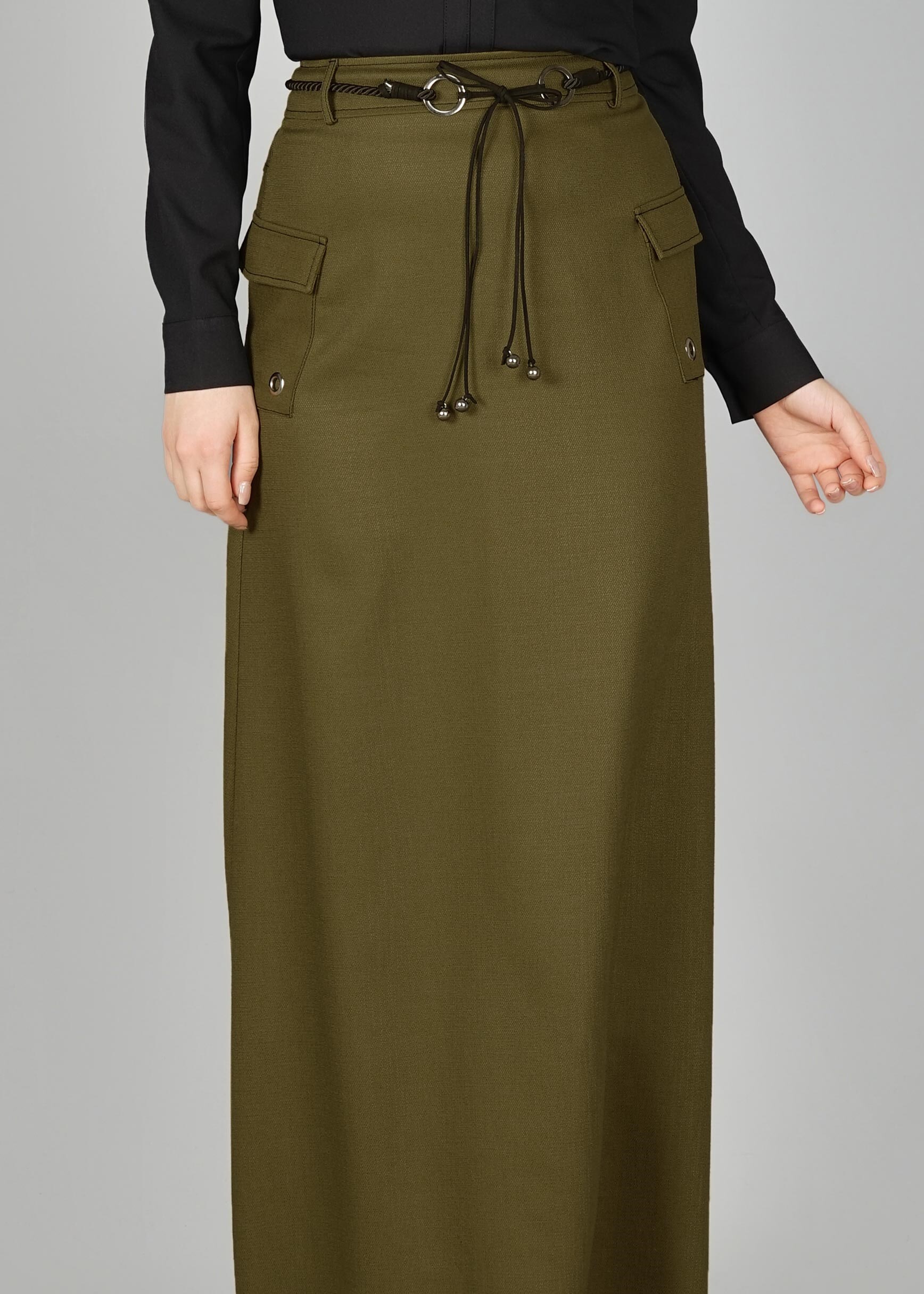 Tesettür giyim YEŞİL KUŞGÖZÜ DETAYLI CEPLİ ETEK 6951 