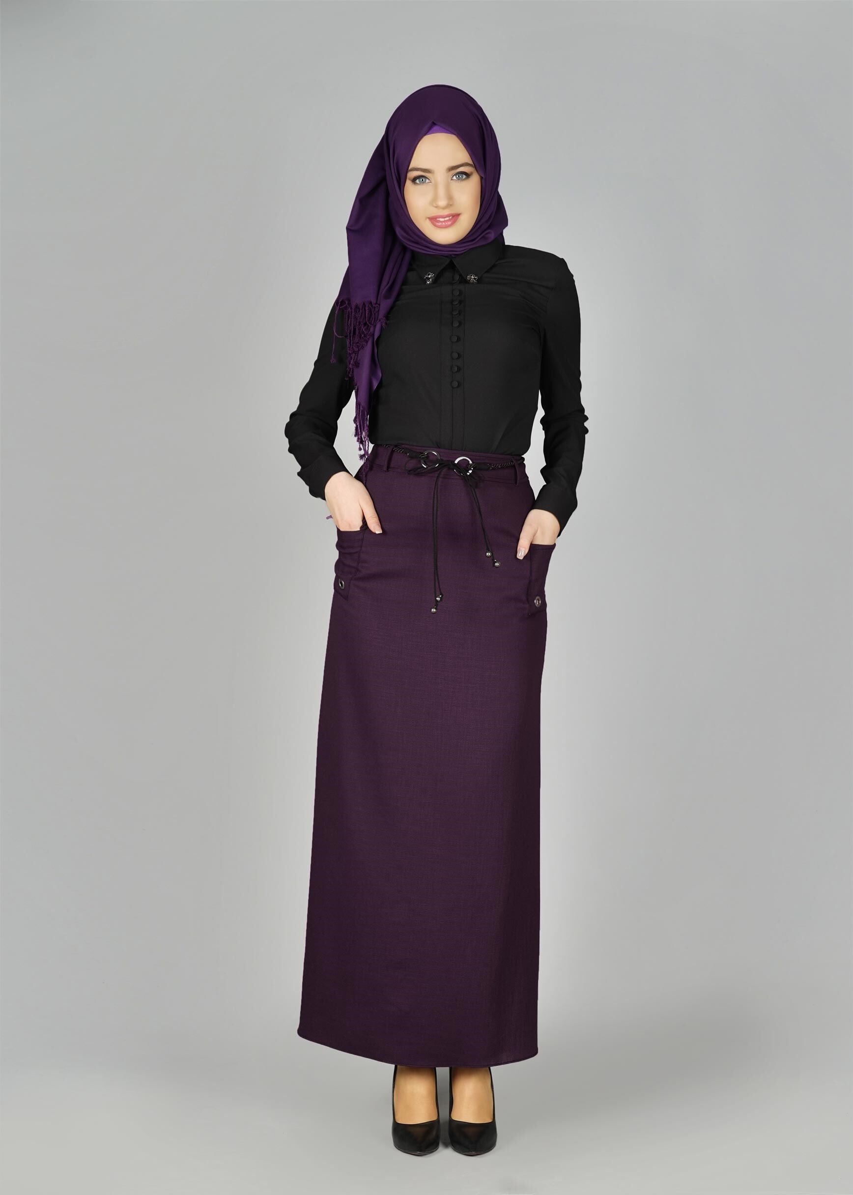 Tesettür giyim MOR KUŞGÖZÜ DETAYLI CEPLİ ETEK 6951 
