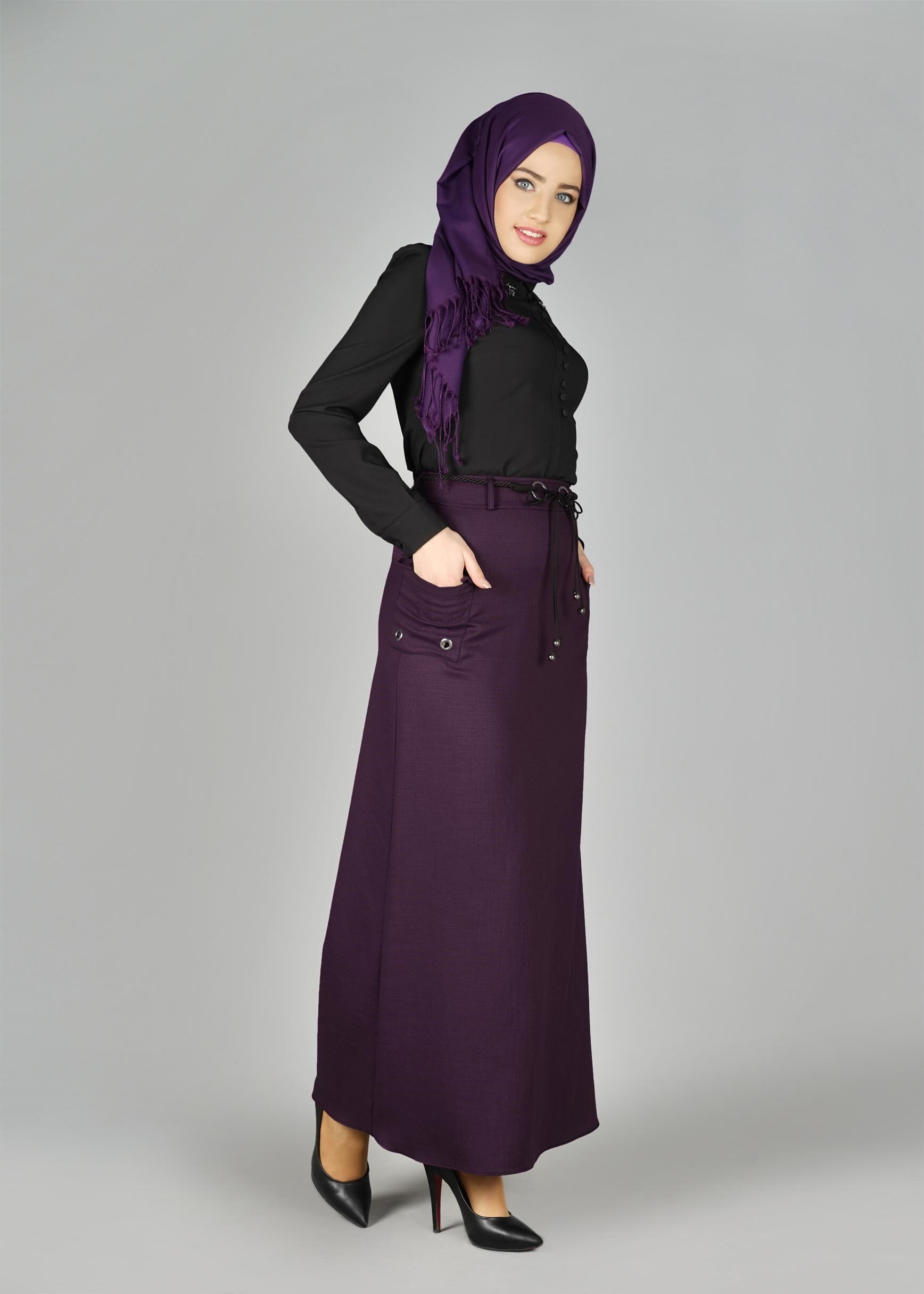 Tesettür giyim MOR KUŞGÖZÜ DETAYLI CEPLİ ETEK 6951 
