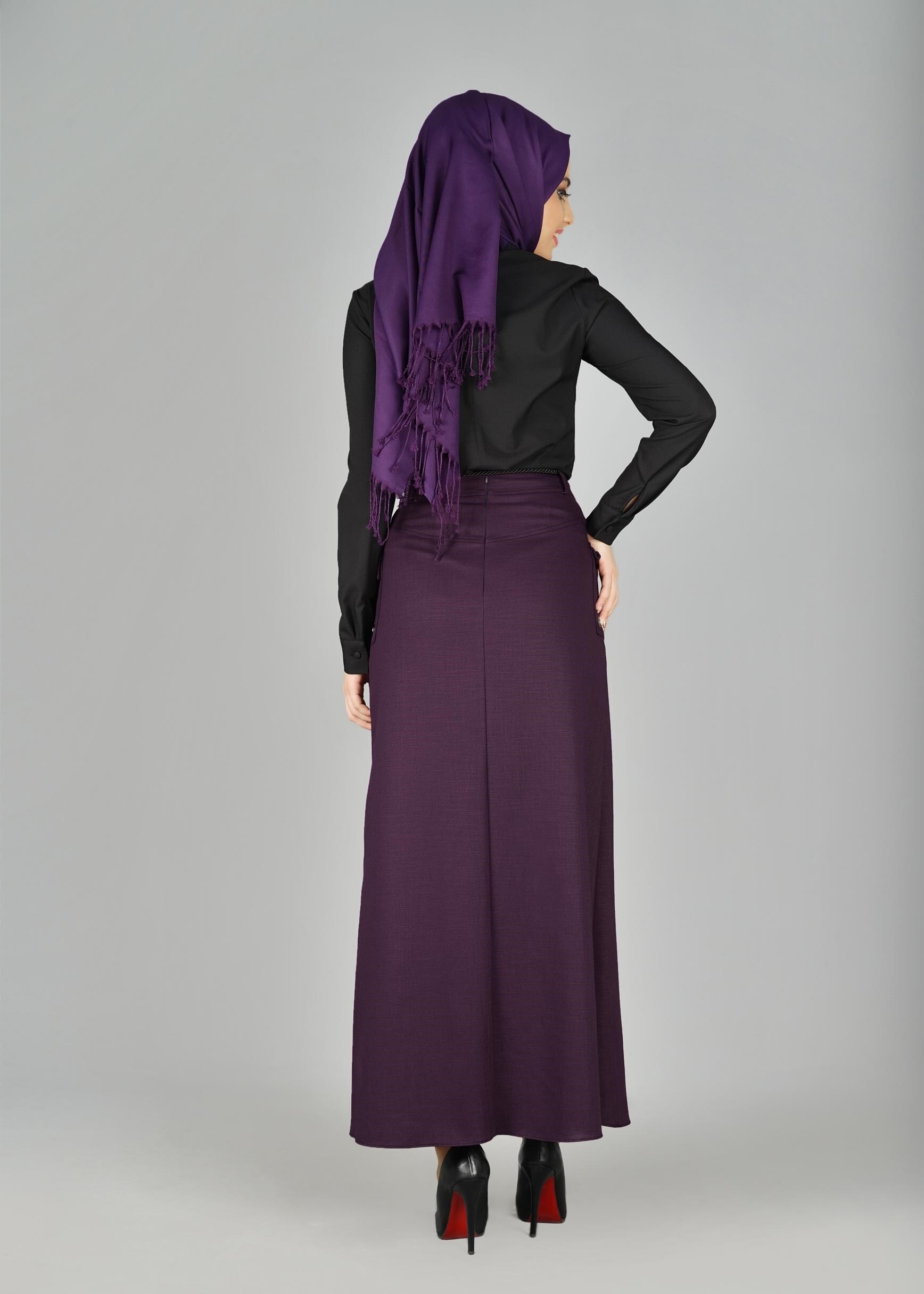 Tesettür giyim MOR KUŞGÖZÜ DETAYLI CEPLİ ETEK 6951 
