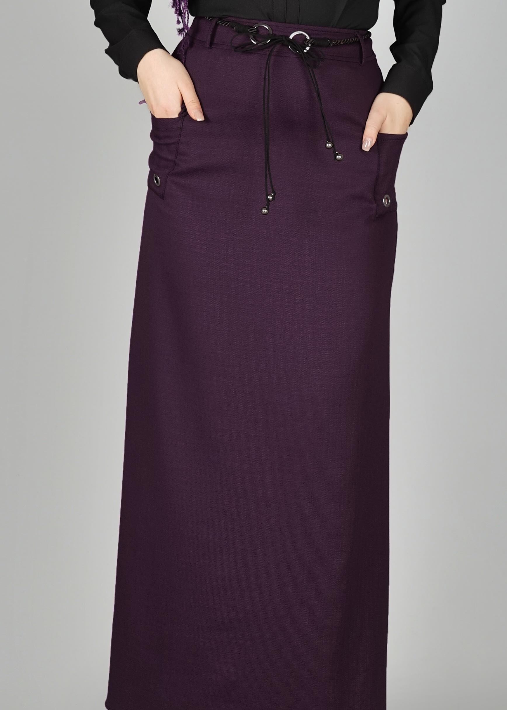 Tesettür giyim MOR KUŞGÖZÜ DETAYLI CEPLİ ETEK 6951 