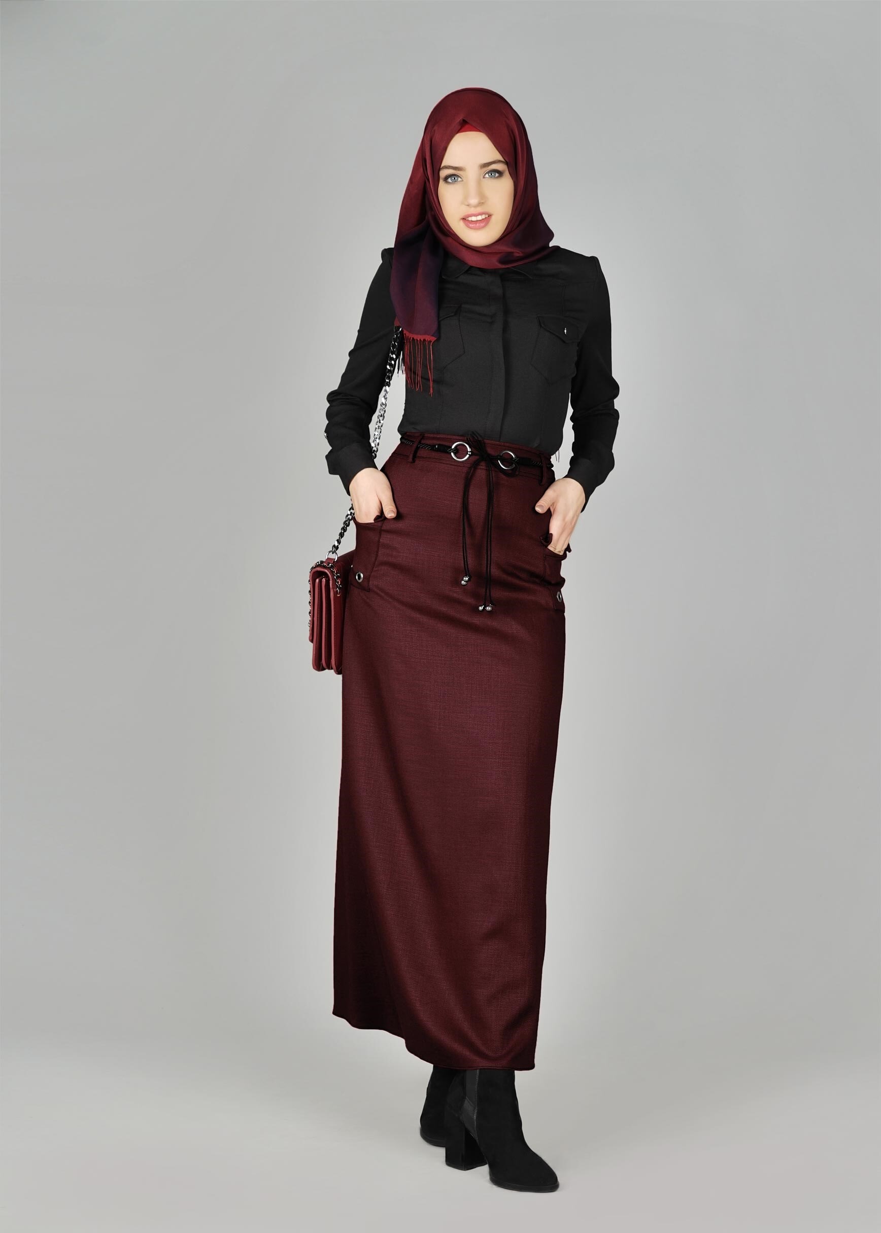 Tesettür giyim BORDO KUŞGÖZÜ DETAYLI CEPLİ ETEK 6951 