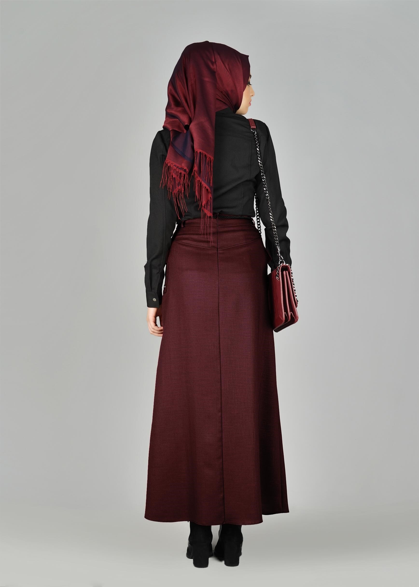 Tesettür giyim BORDO KUŞGÖZÜ DETAYLI CEPLİ ETEK 6951 