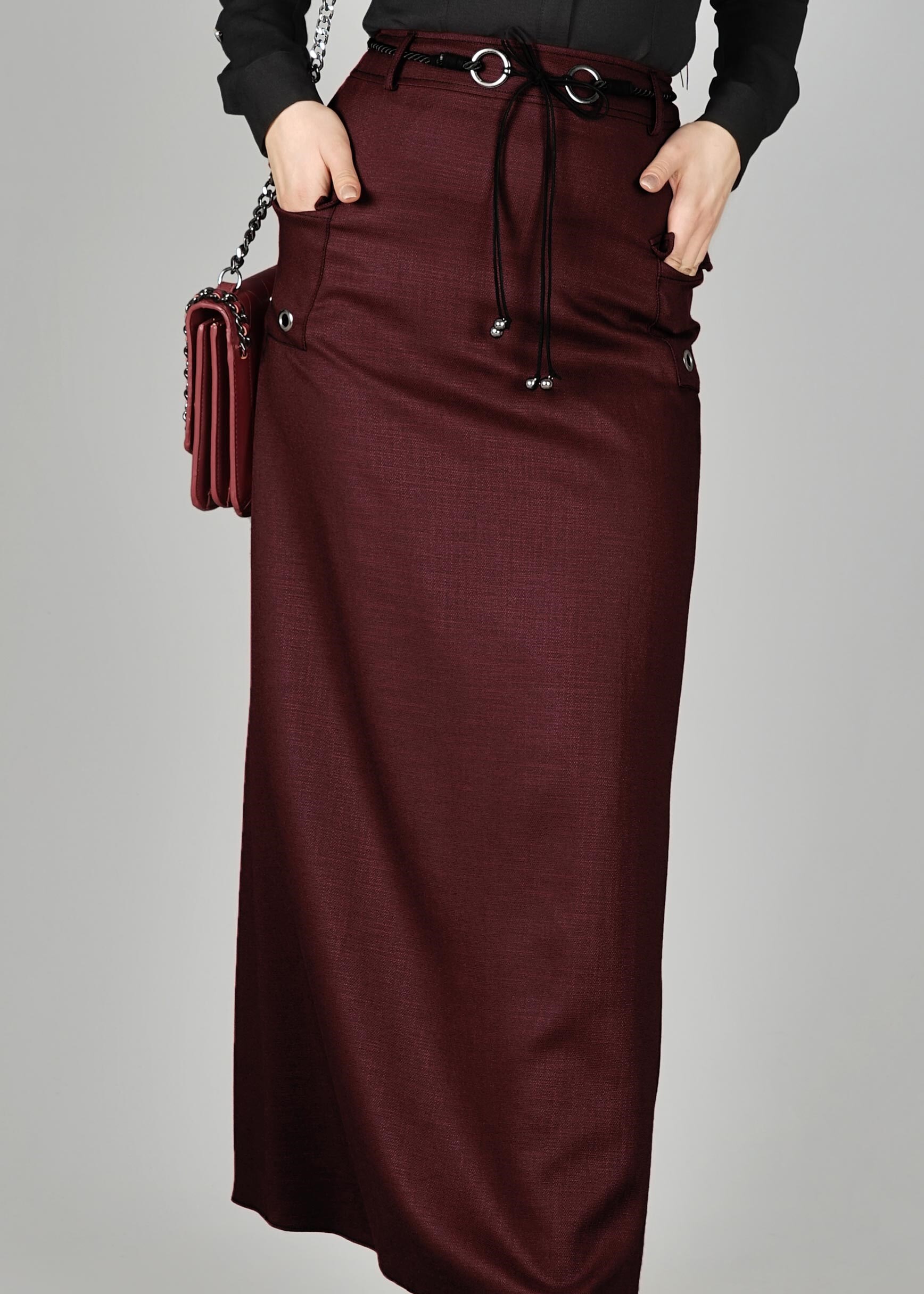 Tesettür giyim BORDO KUŞGÖZÜ DETAYLI CEPLİ ETEK 6951 