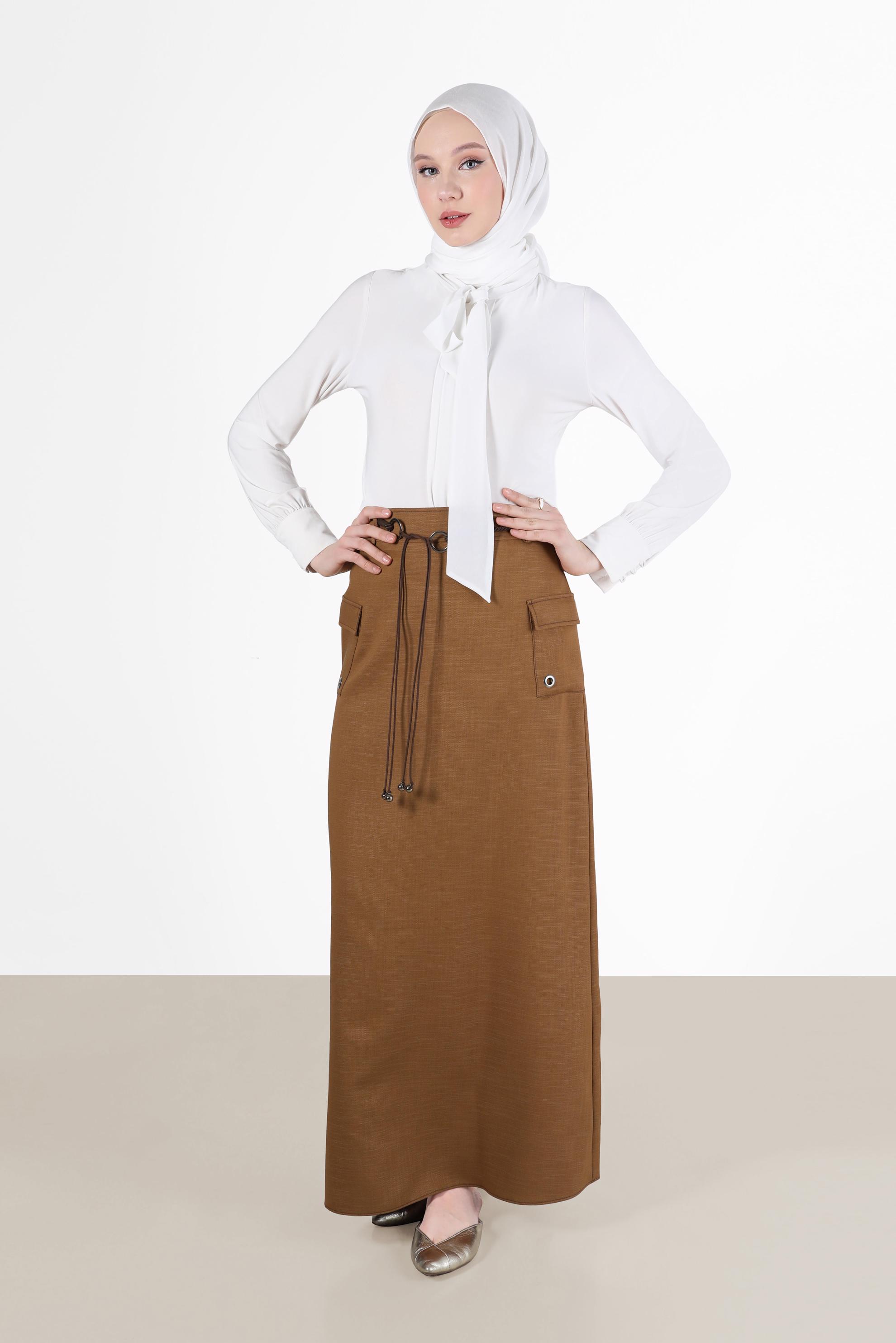 Tesettür giyim KAHVE KUŞGÖZÜ DETAYLI CEPLİ ETEK 6951 