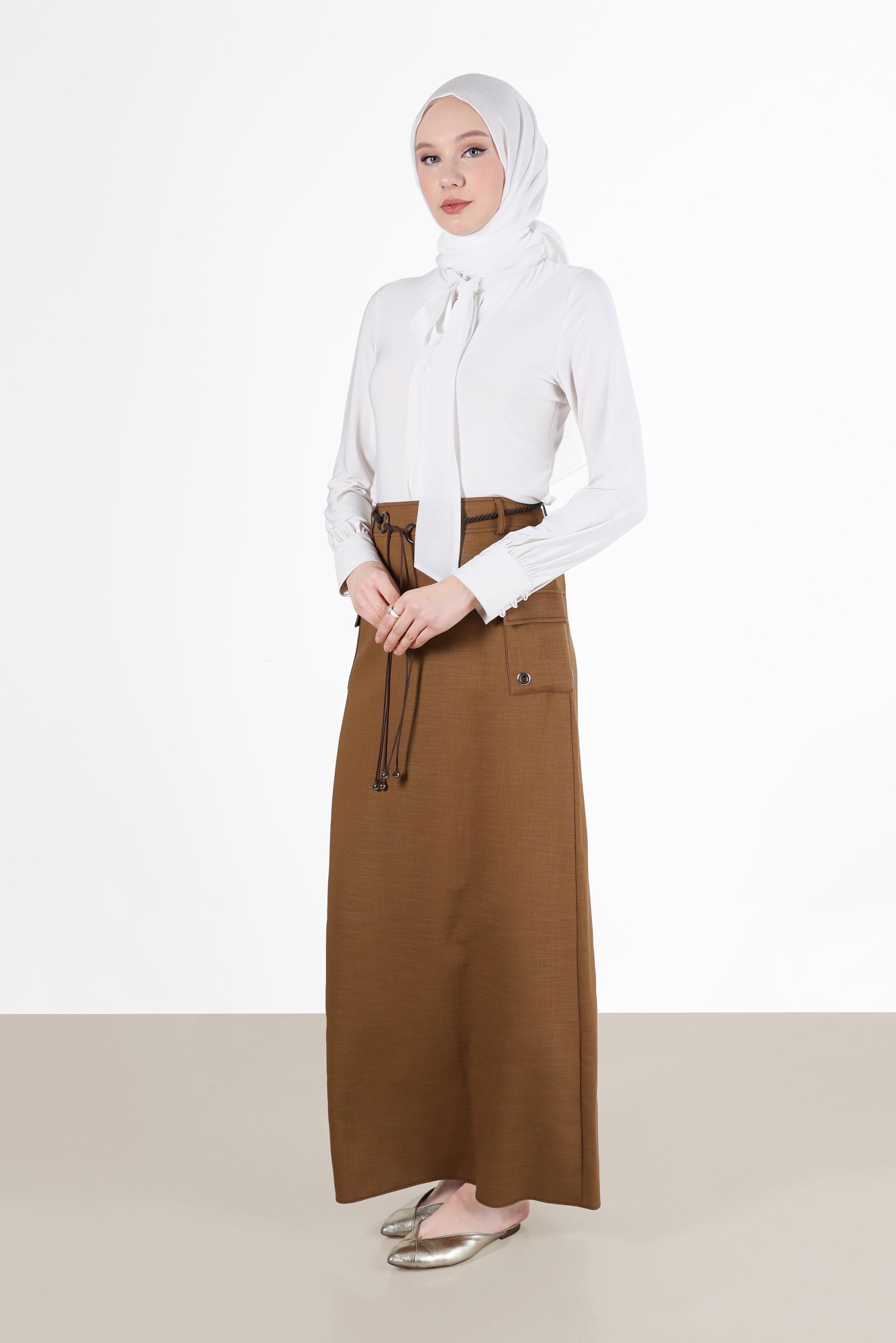 Tesettür giyim KAHVE KUŞGÖZÜ DETAYLI CEPLİ ETEK 6951 