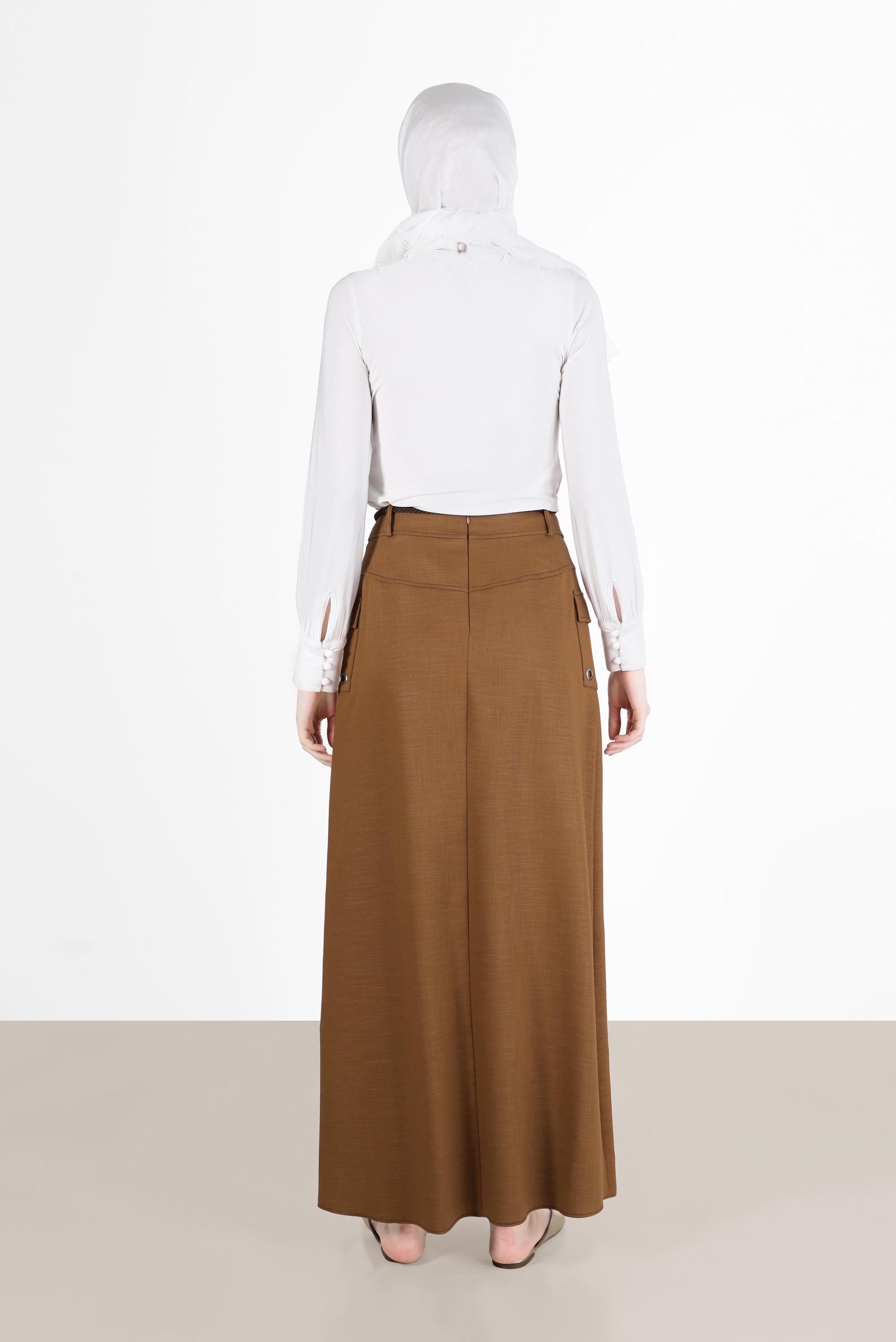 Tesettür giyim KAHVE KUŞGÖZÜ DETAYLI CEPLİ ETEK 6951 