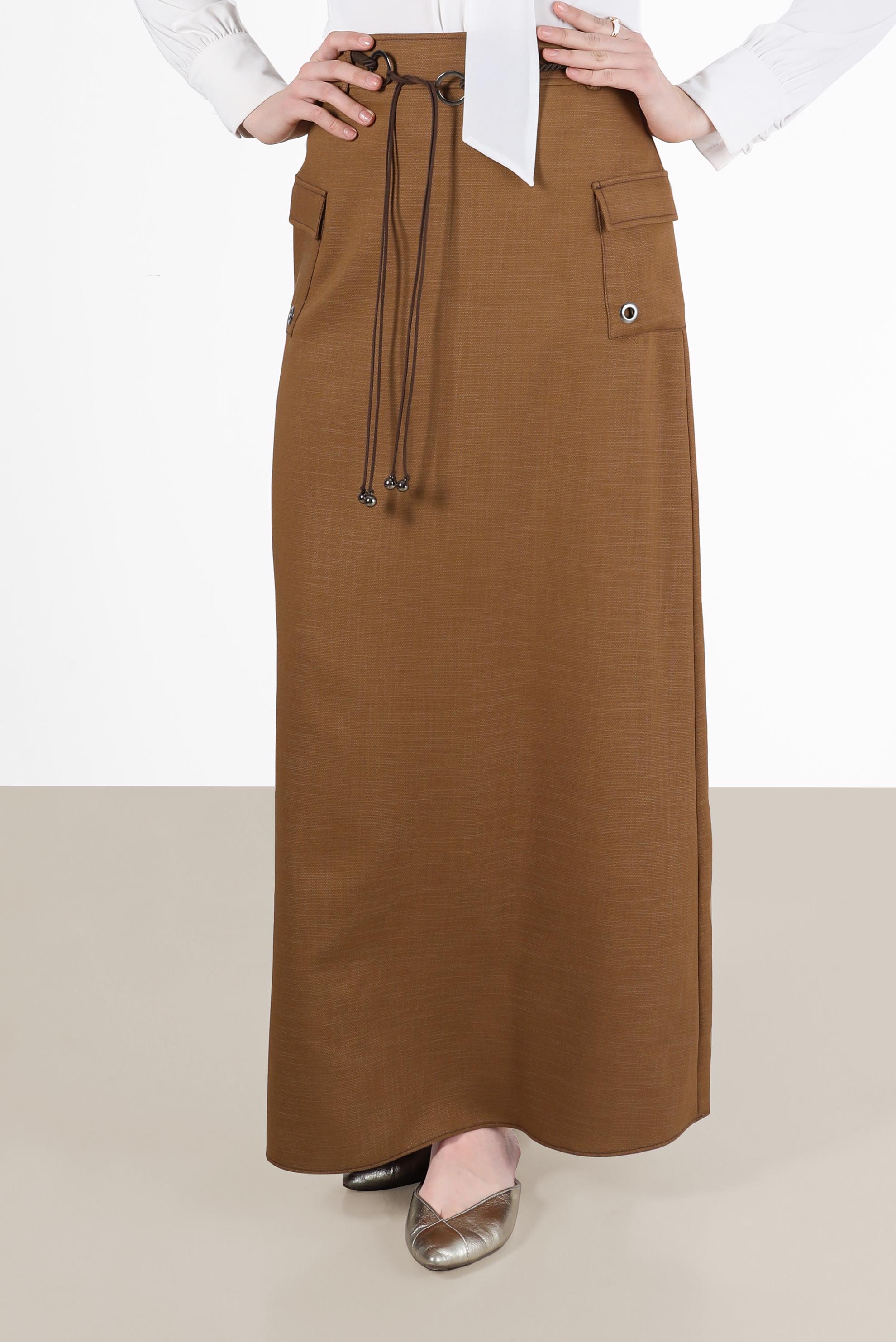 Tesettür giyim KAHVE KUŞGÖZÜ DETAYLI CEPLİ ETEK 6951 