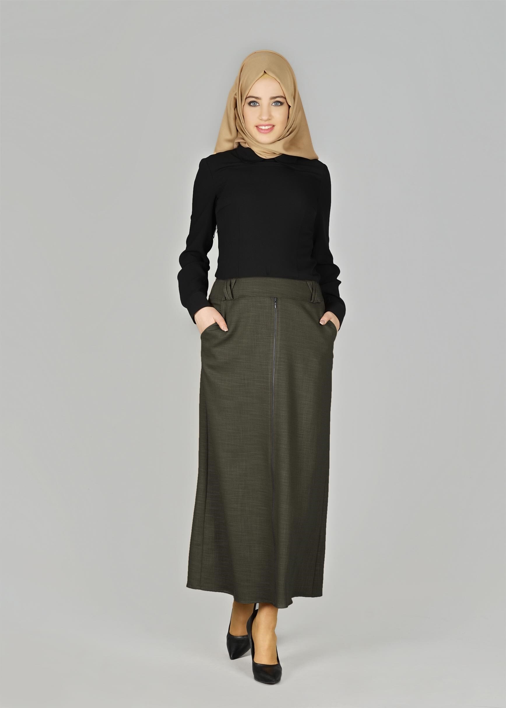 Tesettür giyim HAKİ 6952 ETEK