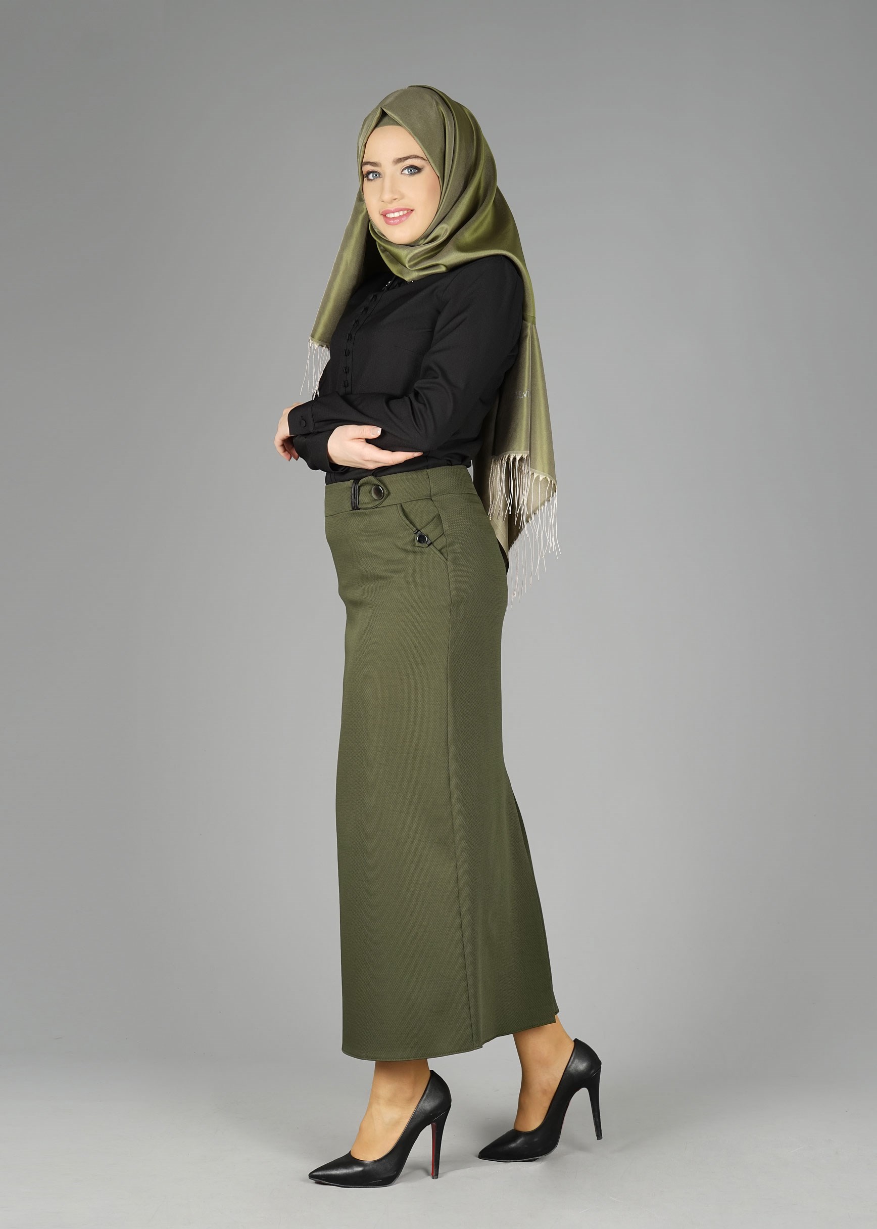 Tesettür giyim YEŞİL GİZLİ YIRTMAÇLI ETEK 6953