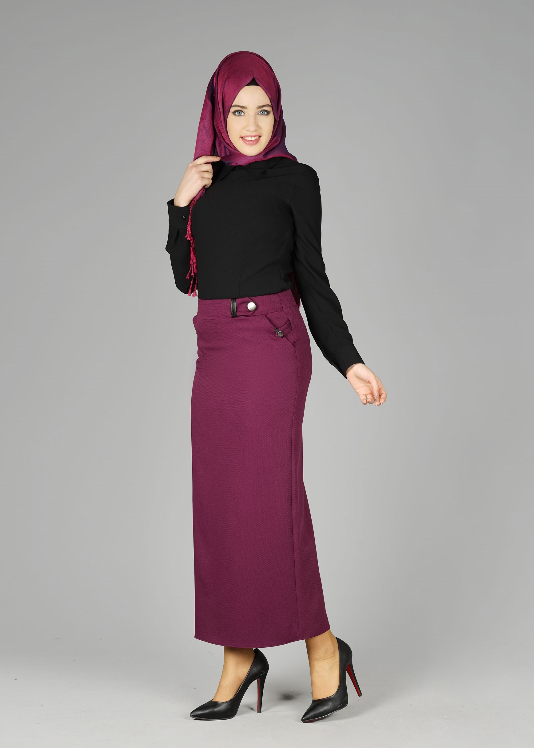 Tesettür giyim MOR GİZLİ YIRTMAÇLI ETEK 6953
