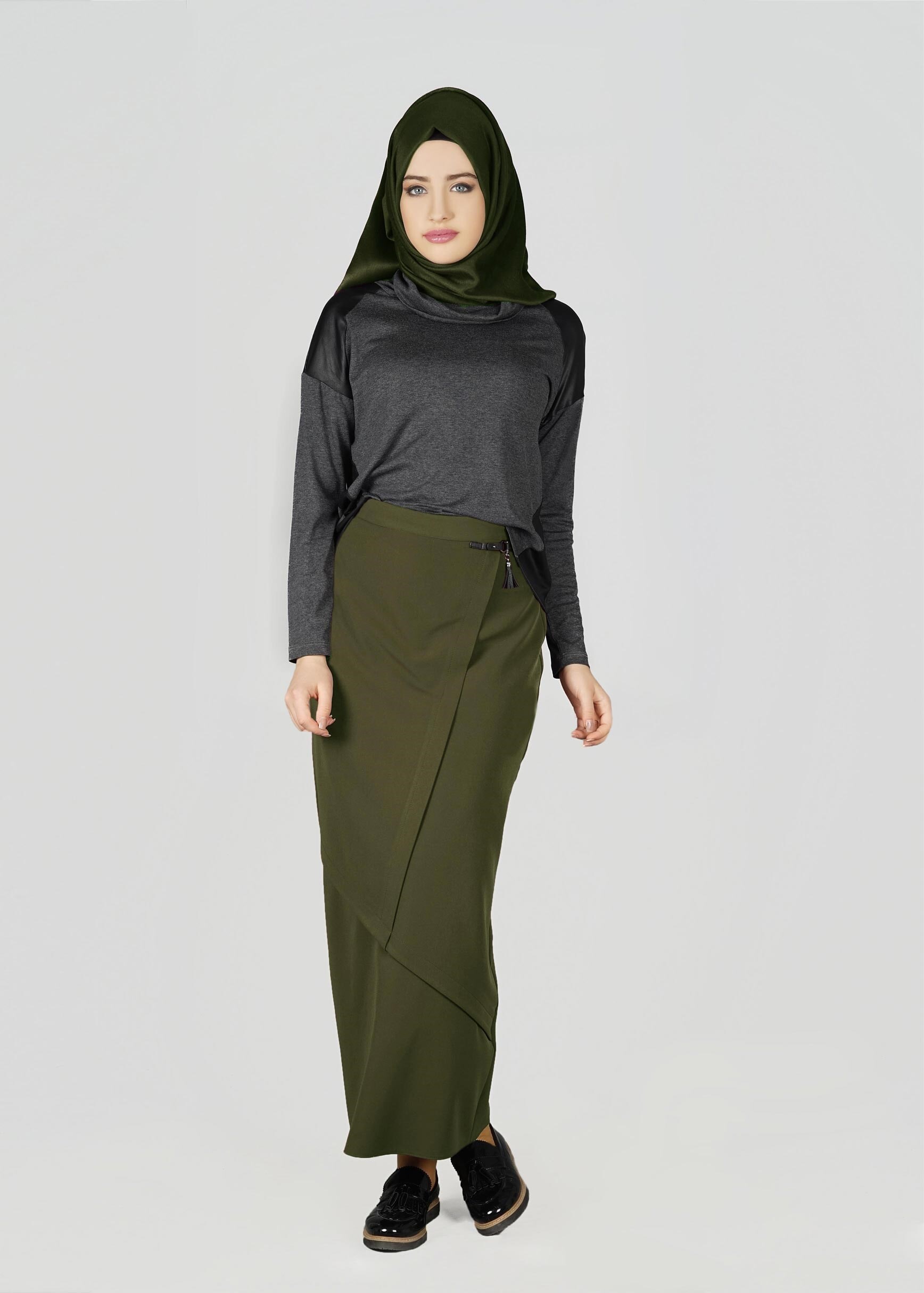 Tesettür giyim HAKİ 6955 ETEK