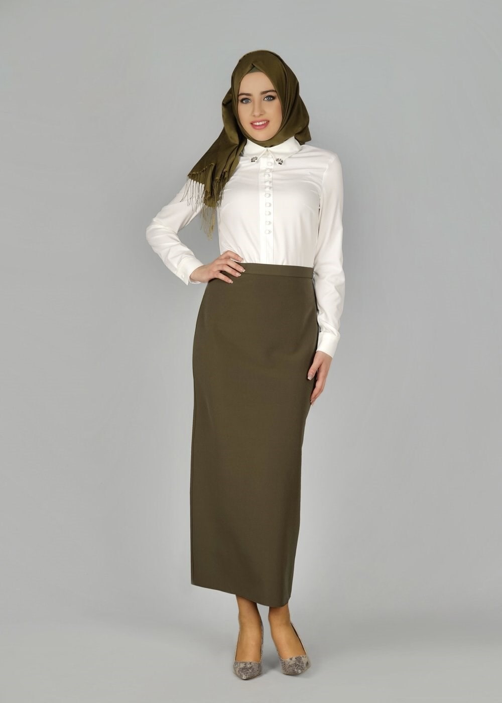 Tesettür giyim HAKİ 6957 ETEK