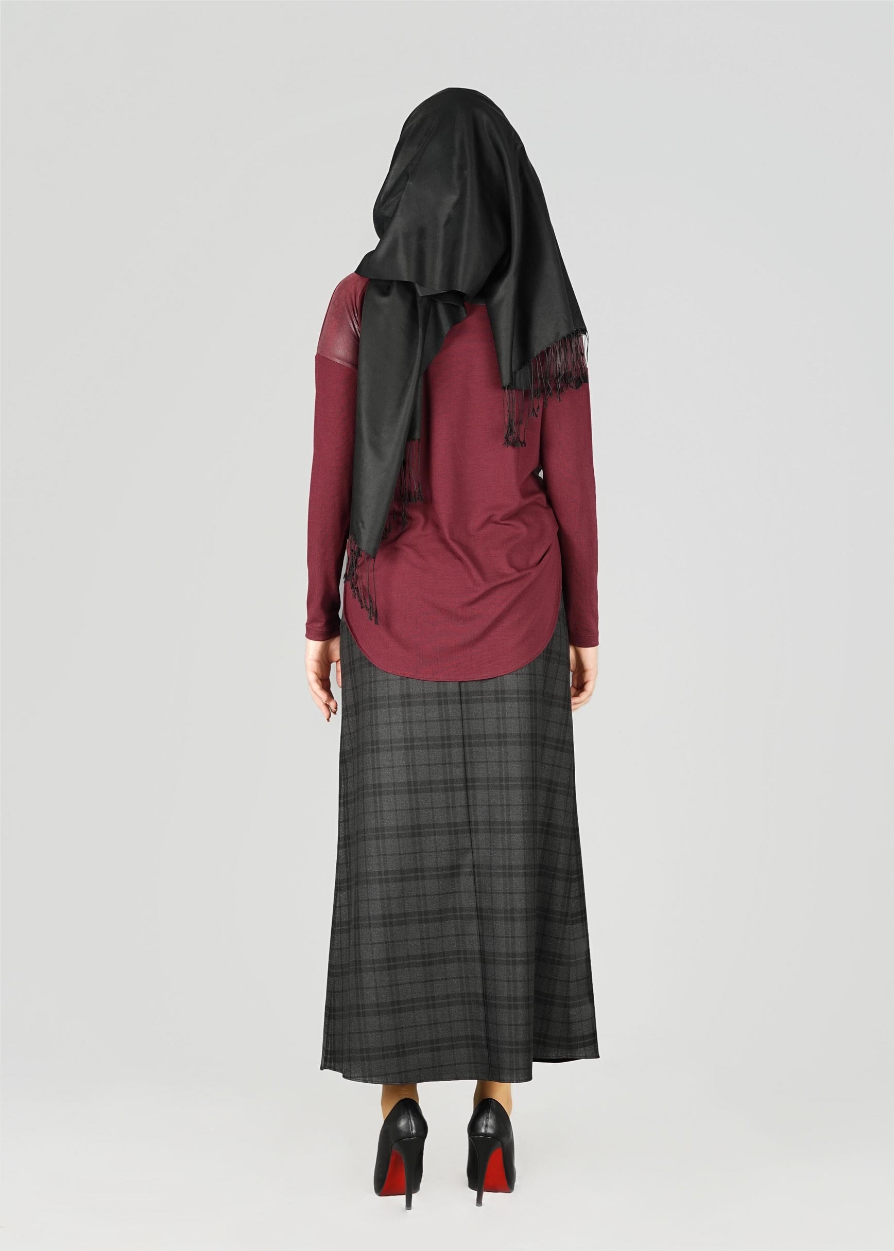 Tesettür giyim SİYAH  EKOSE DESENLİ ETEK 6959